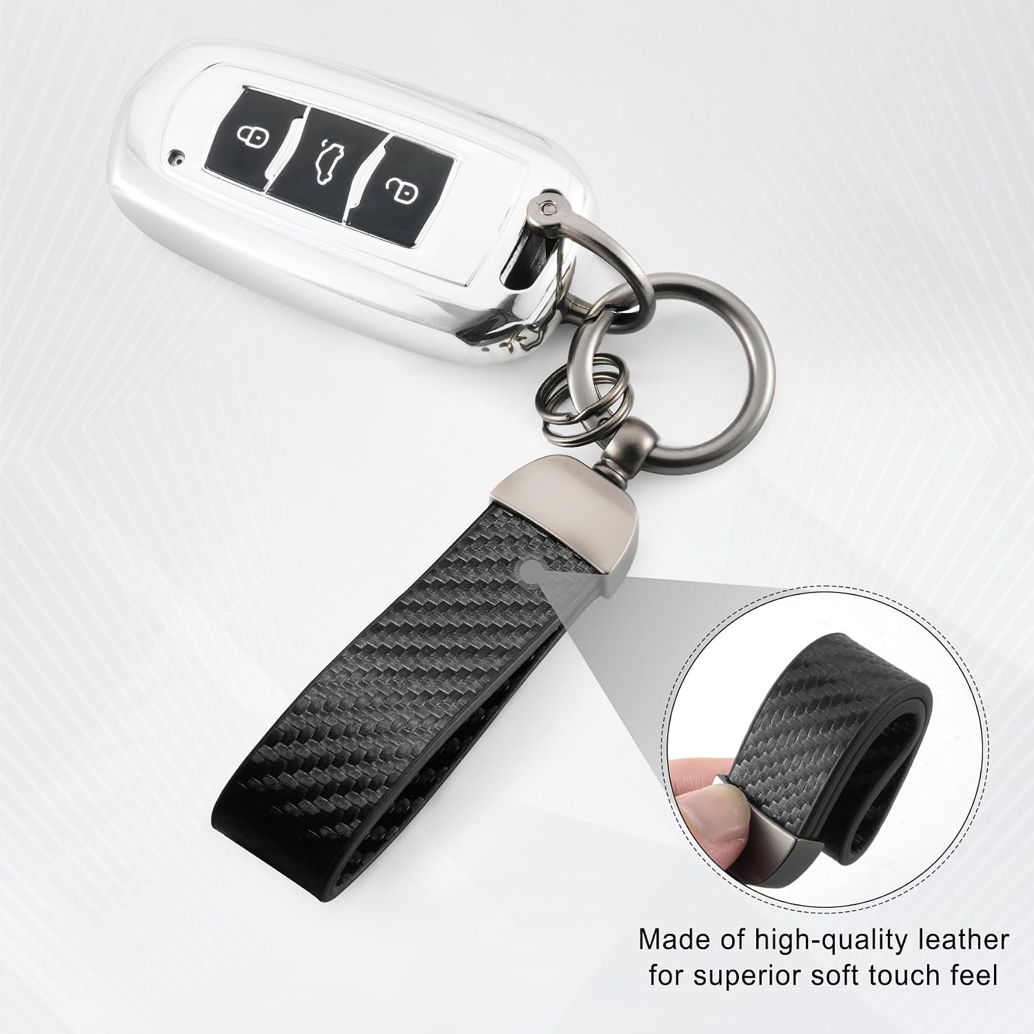 Leather Keychain, Carbon Fiber Car & Bike Key Chain with Anti-Lost D-Ring and 2 Key Ring