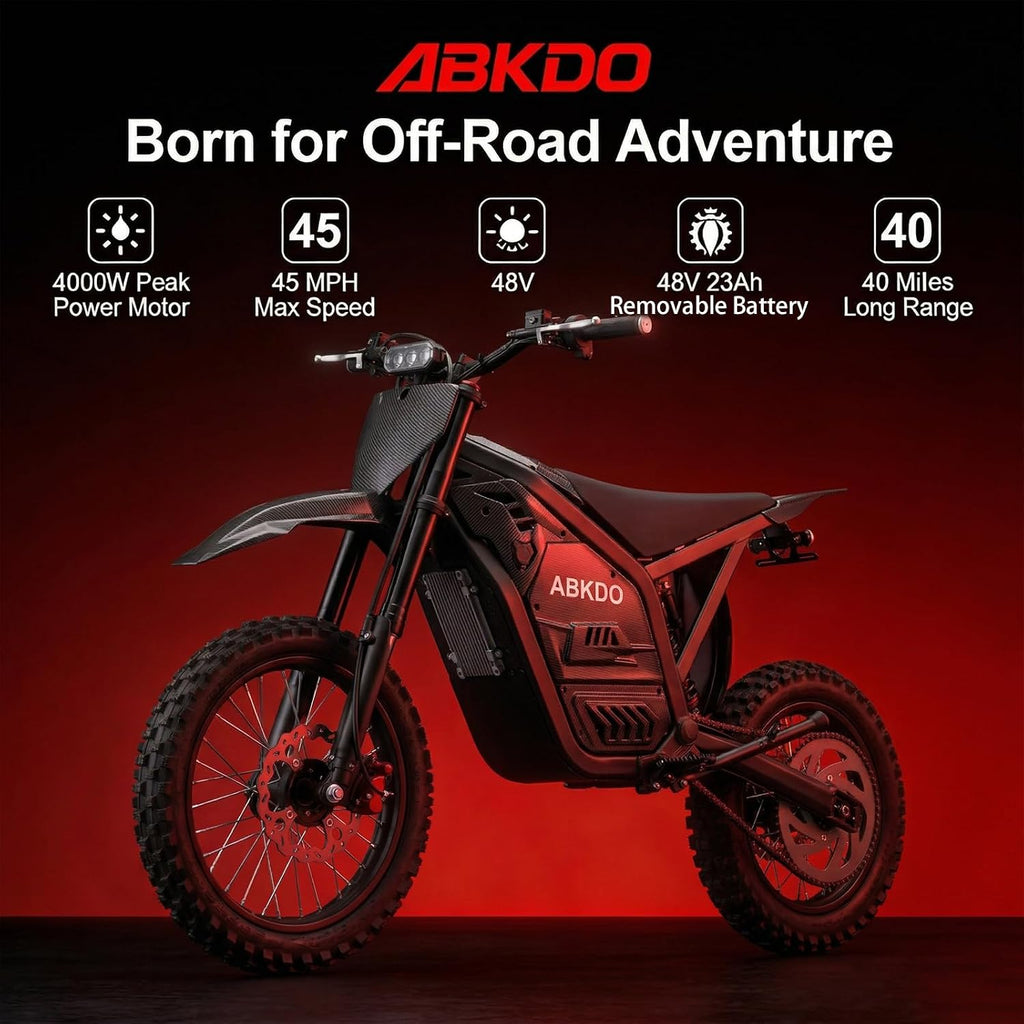 4000W Peak Electric Dirt Bike for Teens Adults, 45 MPH Max Speed, 40 Miles Range, 48V 23Ah Removable Battery, 14" Front/12 Rear Tires,Reverse Function,with Phone Holder & Disc Lock