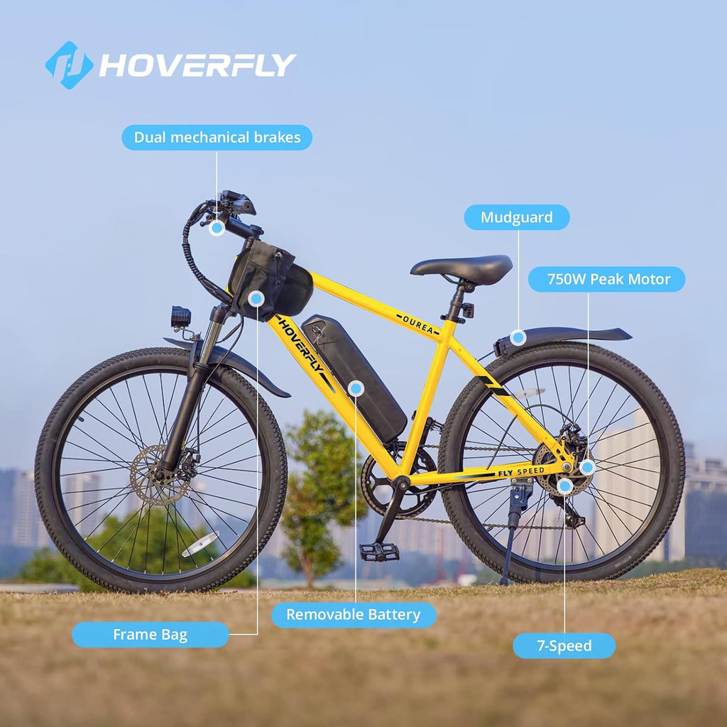 Hoverfly 16"/26" Adults Electric Bike, Max 28/40 Miles & 15.5/20Mph Speed | 500W/750W Peak Motor, Removable Battery, UL2849 Certified, Front Suspension, Dual Disc Brakes, Electric Bicycle for Commuting
