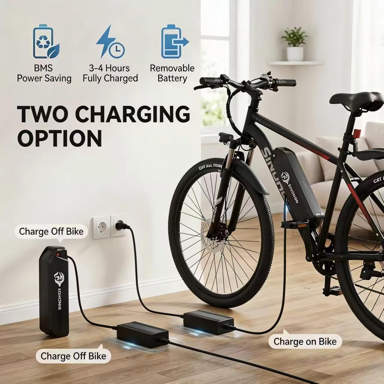 HLOIE SINOHON 26" Electric Bike for Adults, 1000W Peak Motor Mountain Ebike, 22MPH Max Speed, Up to 40 Miles PAS Range, Electric Commuter Bicycle with 374.4Wh Removable Battery, UL 2849 Certified