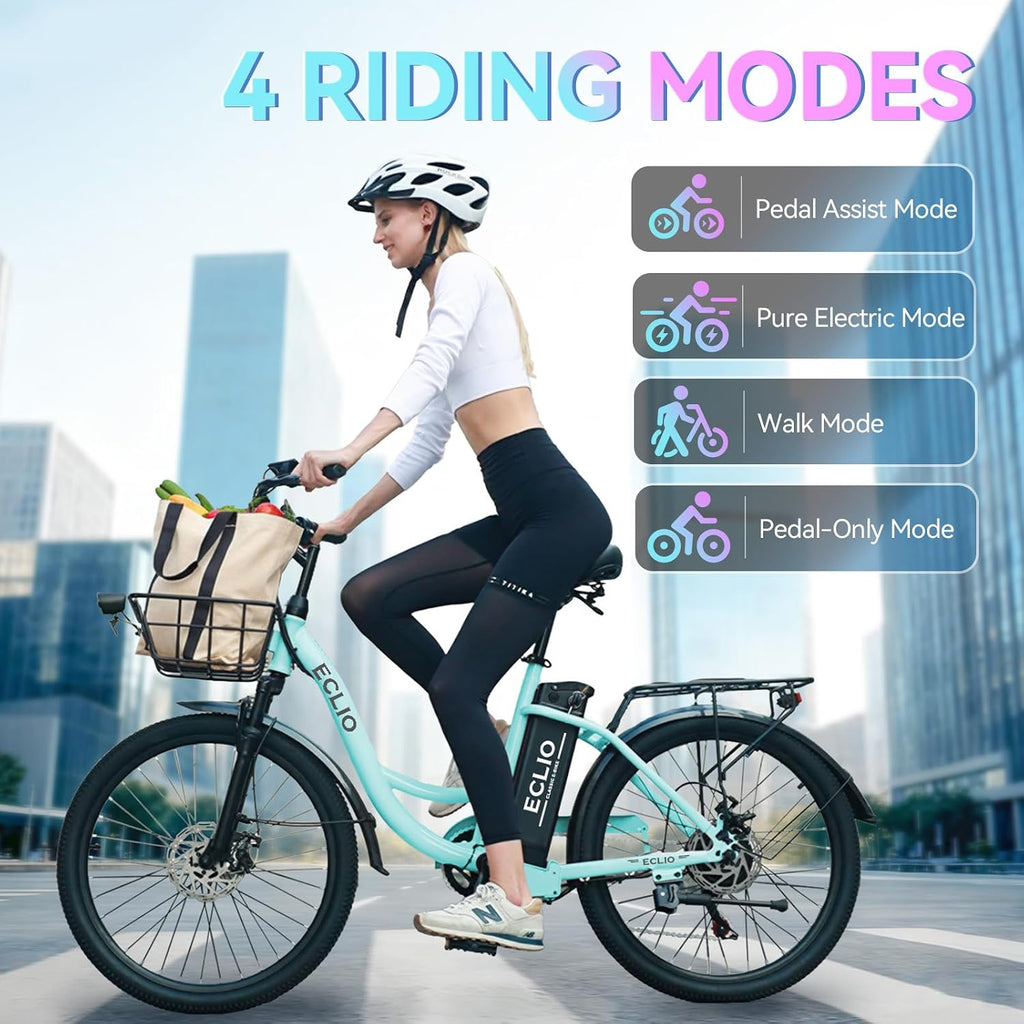24'' Electric Bike for Adults, Peak 1000W Motor, 48V 13Ah Removable Battery 65Miles, Step Through City Cruiser Ebike, Commuter E-Bike with 7-Speed and Front Basket