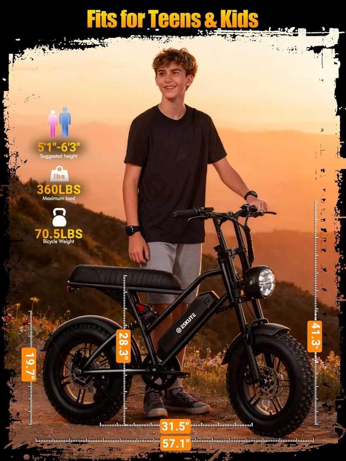 ESKUTE V100 Electric Bike for Adults, Electric Dirt Bike 1500W Peak Motor, All Terrain Dual Suspension E Bike 20+MPH Top Speed, Ebike Up to 60 Miles Range, 16" Fat Tire, 48V13Ah Battery, 7-Speed