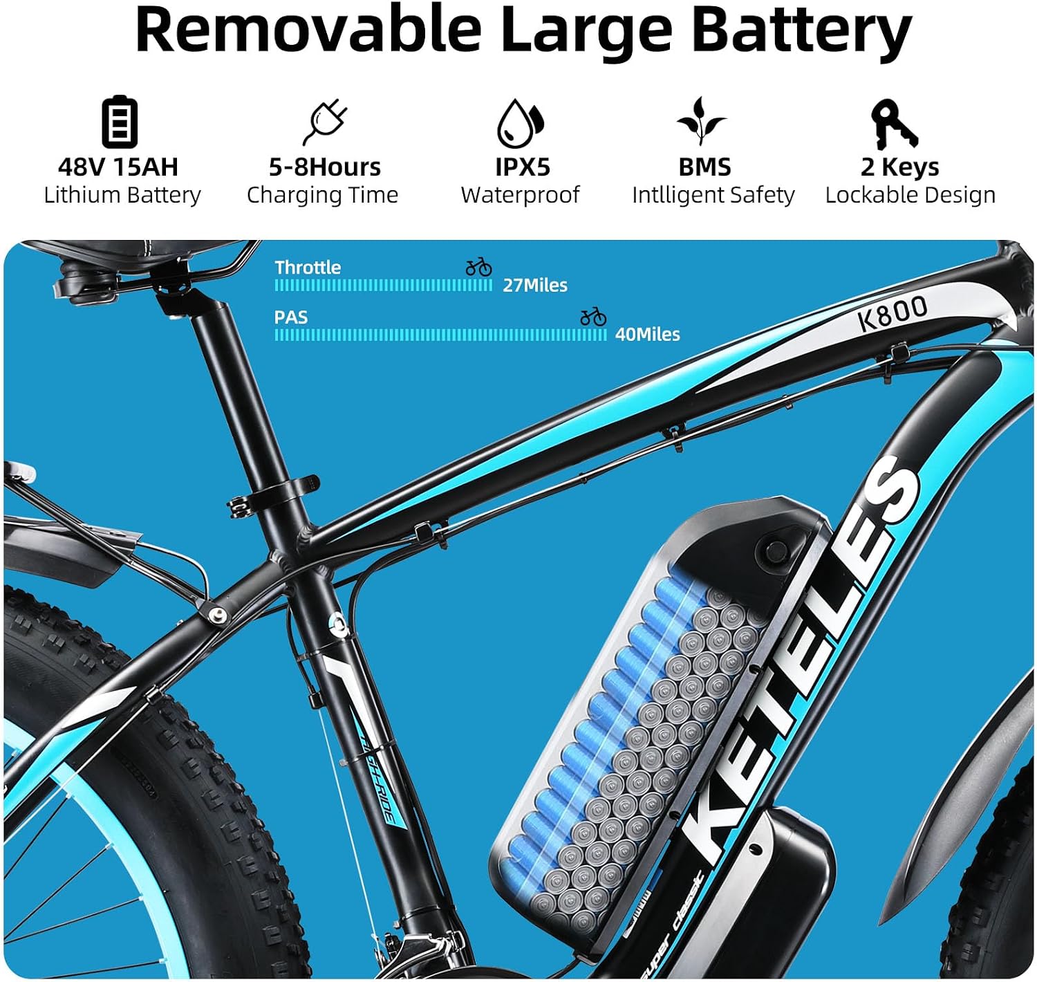 KETELES 26" Fat Tire Electric Bike for Adults 1000W Mountain Snow Beach Ebike 27MPH, 48V 15AH Removable Battery Electric Dirt E Bikes 21 Speed E-Bike Front Suspension UL Certified