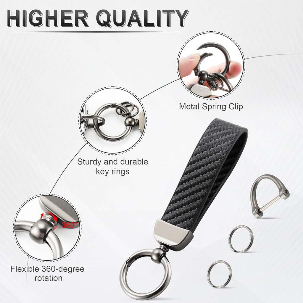 Leather Keychain, Carbon Fiber Car & Bike Key Chain with Anti-Lost D-Ring and 2 Key Ring