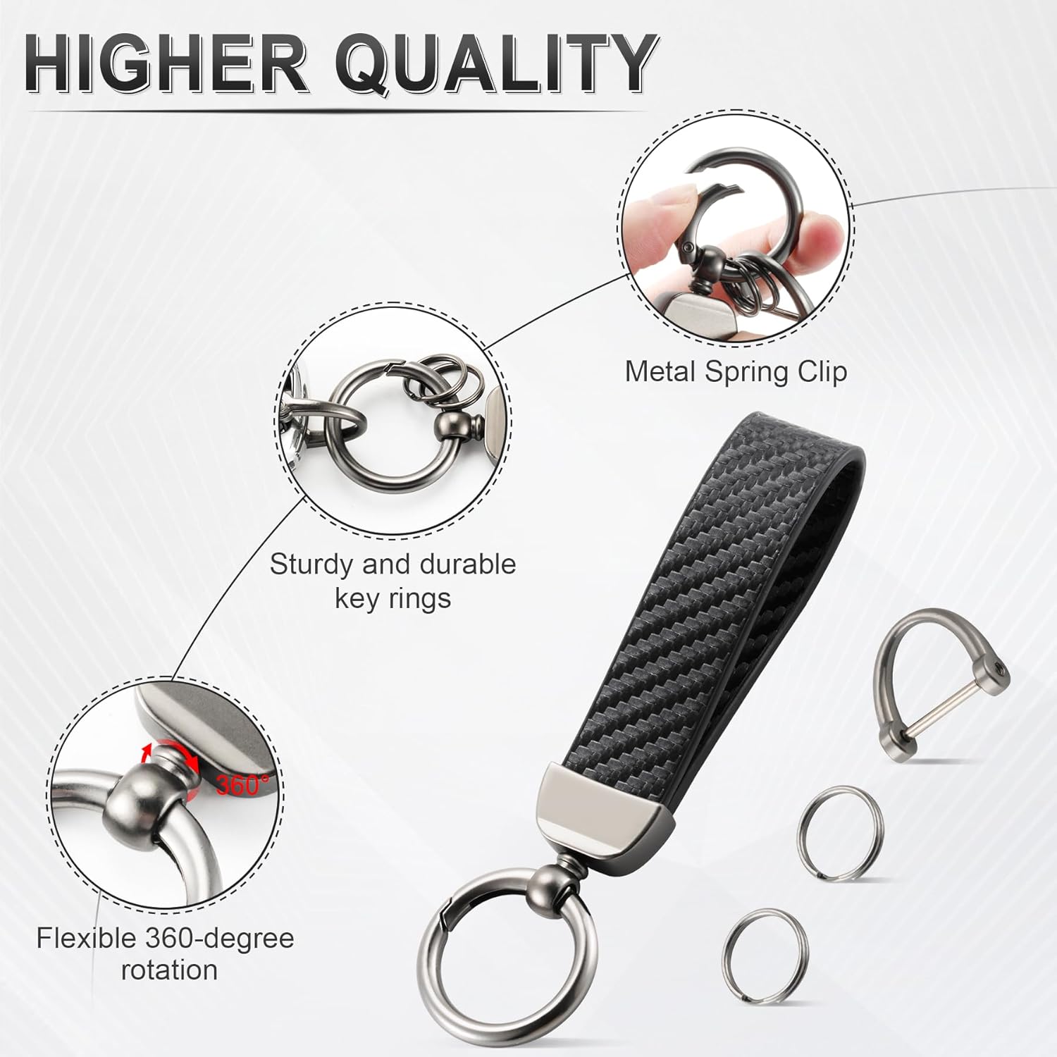 Leather Keychain, Carbon Fiber Car & Bike Key Chain with Anti-Lost D-Ring and 2 Key Ring