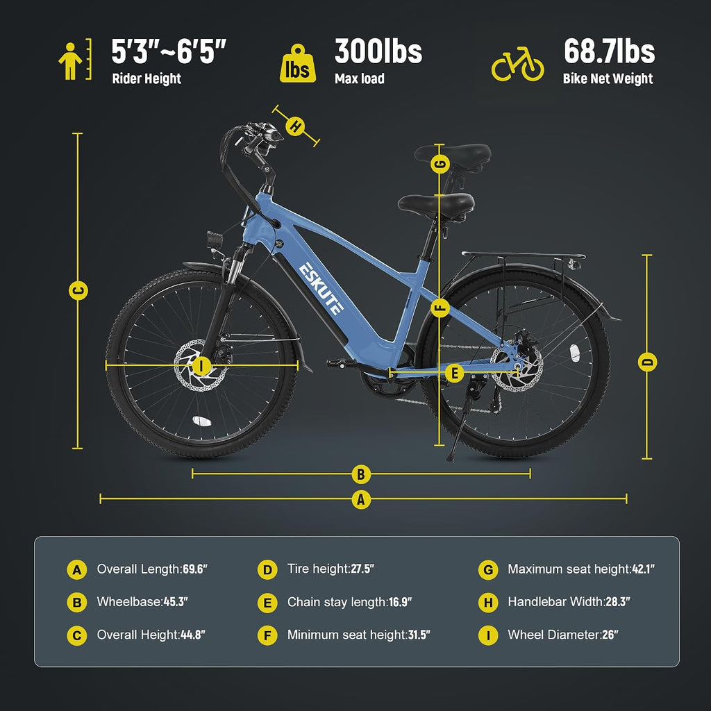 ESKUTE 70Miles 28MPH 840 WH Removable Battery e-Bike, Electric Bike for Adults-1300w Peak Ebike, Step Over Electric Bicycle, 7-Speed 26'' tire, Adjustable Stem, 7-Speed 26'' tire, Adjustable Stem