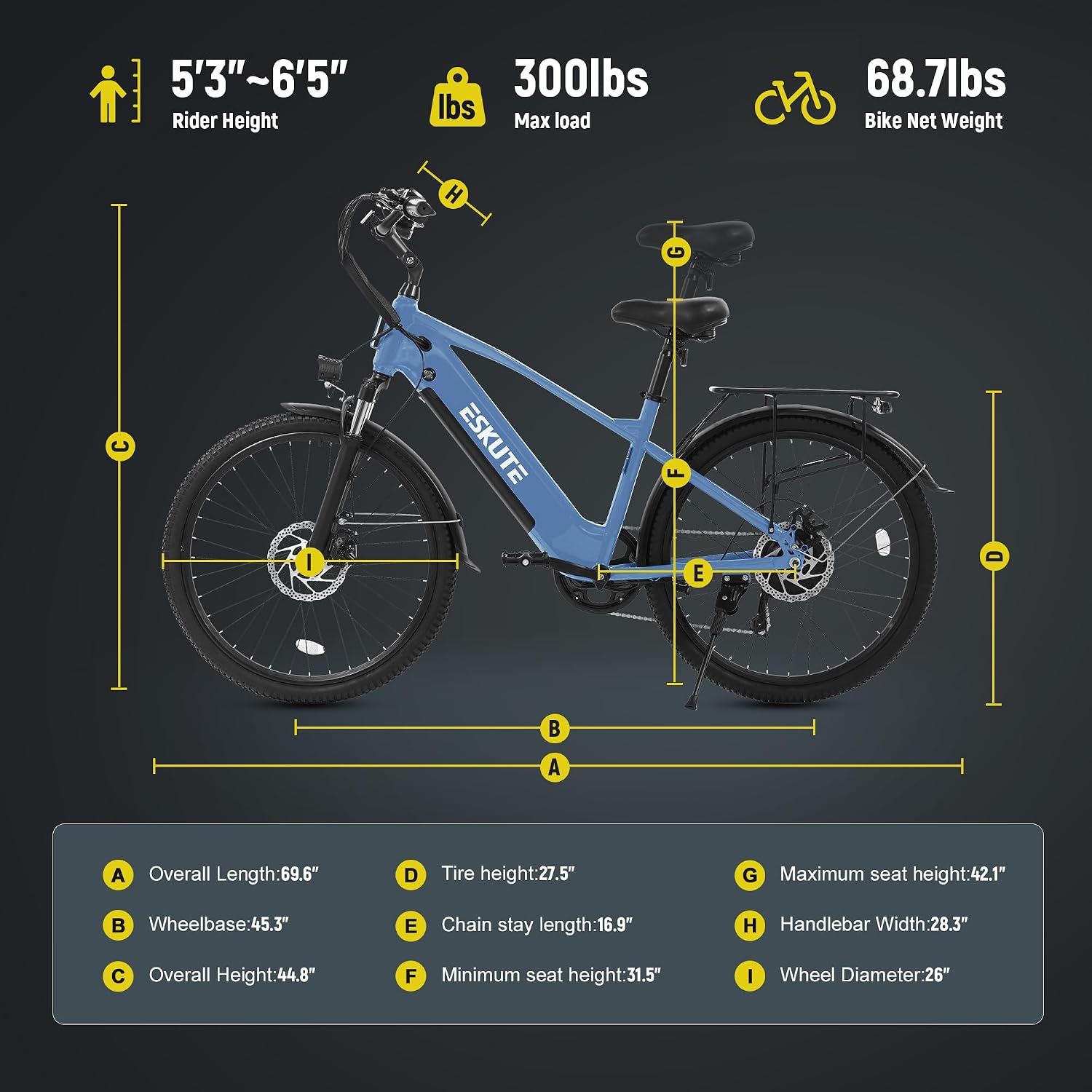 ESKUTE 70Miles 28MPH 840 WH Removable Battery e-Bike, Electric Bike for Adults-1300w Peak Ebike, Step Over Electric Bicycle, 7-Speed 26'' tire, Adjustable Stem, 7-Speed 26'' tire, Adjustable Stem