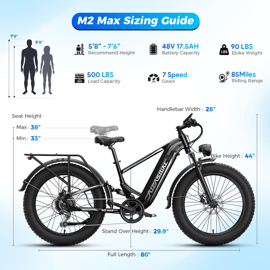 Aipas M2 Max Electric Bike for Adults, 1800W Peak Motor Electric Mountain Bike, 26" x 4.0"Fat Tire Ebike with 48V 17.5Ah Battery, Up to 85 Miles Range, Hydraulic Disc Brakes, Air Suspension, 7 Speed