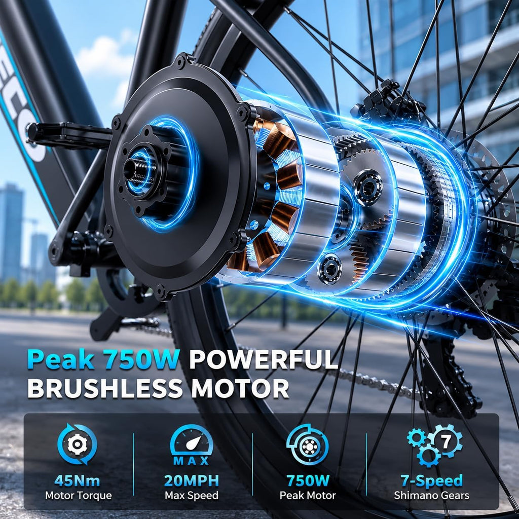 26" Electric Bike for Adults,750W Peak Motor Ebike with 480Wh Removable Battery,20MPH and 50 Miles Range Electric Commuter Bike,7-Speed,UL 2849 Security Certified