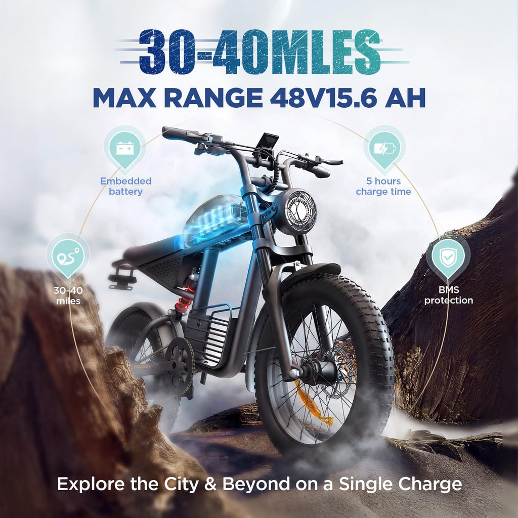 Electric Bike for Adults, 1000W/1500W Peak Motor, 48V 15Ah/20Ah Removable Battery, 20" x 4.0 Fat Tire Ebike, 30-34MPH, 7-Speed Gear, All Terrain Electric Bicycle for Commuting & Off-Road Riding