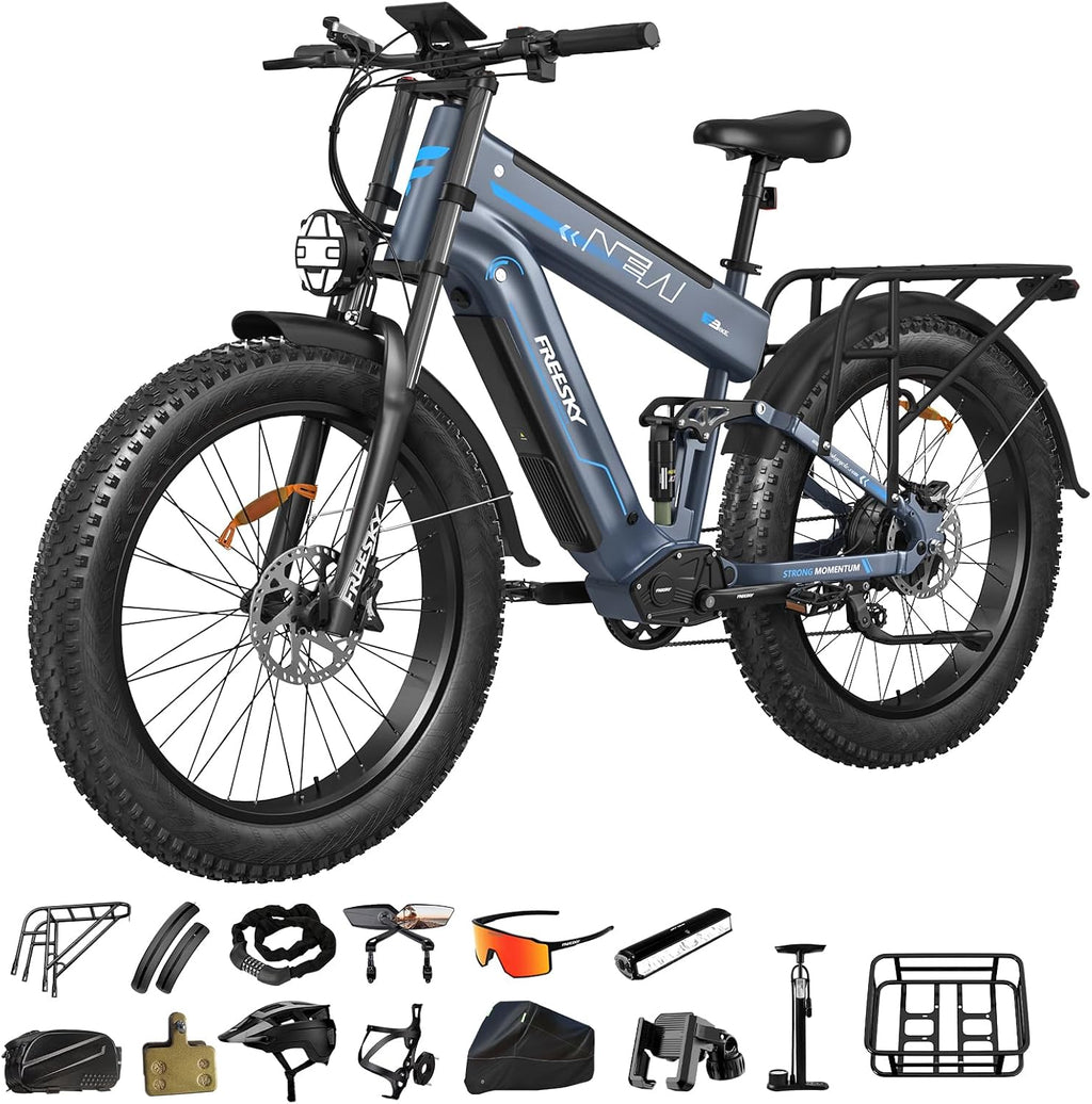 FREESKY Dual Battery Electric Bike for Adults, 48V 45AH 200 Miles Long Range E Bike, 4000W Motor 40MPH+, 26" Fat Tire Fast Mountain EBike, Full Suspension & Hydraulic Brakes, UL 2849 Certified by TÜV