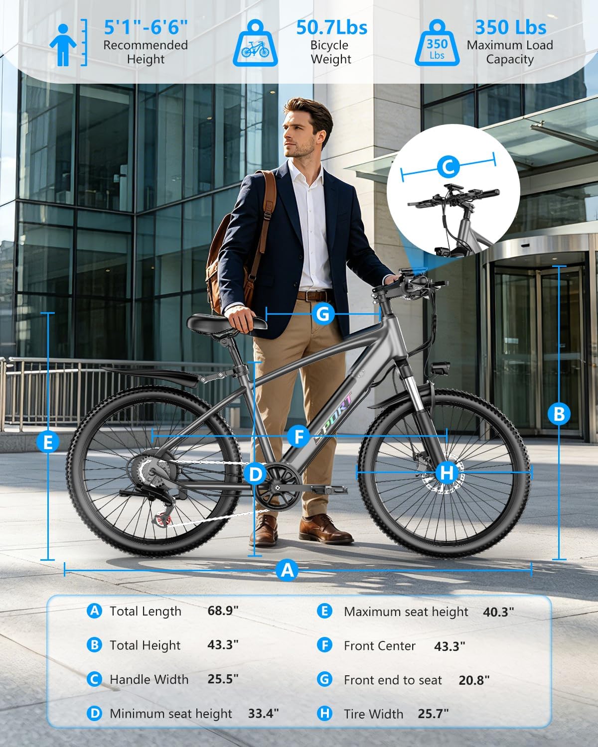 Electric Mountain Bike 26" with 48V 12Ah Battery, 1500W Peak Motor | Up to 25MPH Speed, 65 Miles Range, 7 Speed Gears, Removable Battery, City Commuter