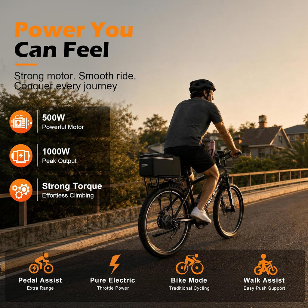 Adult Electric Bike, Peak 1000W Ebike, 48V 10AH Removable Battery, 45 Miles PAS Range, Lockable Suspension Fork, 26" Mountain Commuter Ebike with Cup Holder, Waterproof Phone Bag & Rear Bag