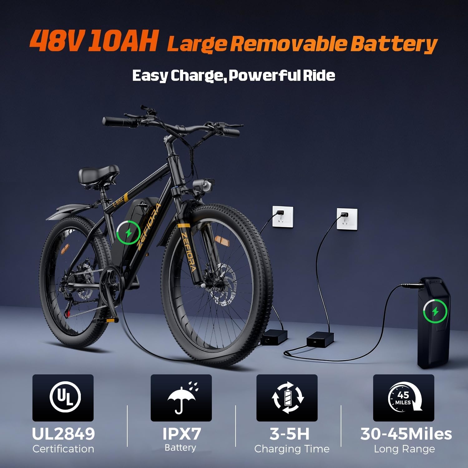 26“ Electric Mountain Bike, 1000W Peak Mountain Ebike, 48V 10AH Removable Battery, 20MPH & 45Miles PAS Range, 7-Speed, Electric Bicycle for Commute City Sand Snow