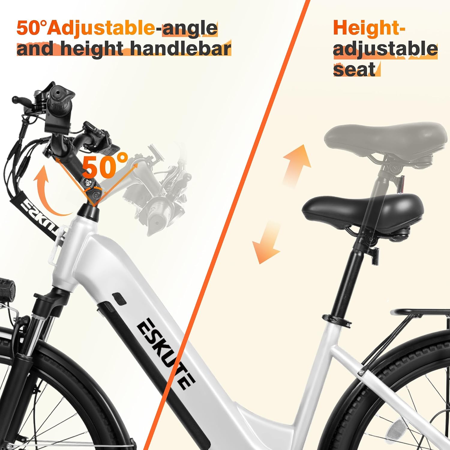 ESKUTE Electric Bike for Adults-70Miles 840 WH Removable Battery e-Bike, 28MPH Step Thru Electric Bicycle, 1300w Peak Ebike, 7-Speed 26'' tire Adjustable Stem Electric Bike