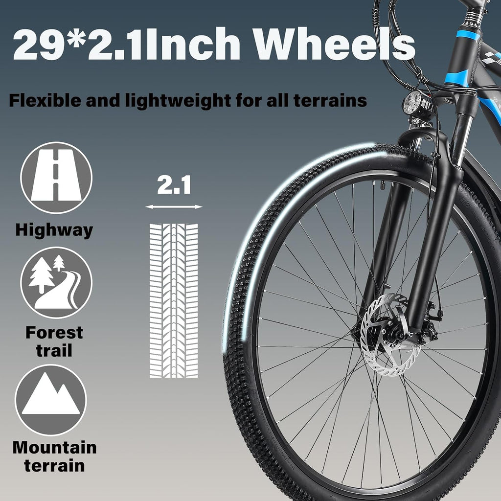 29 Inch Adult Commuter Electric Bike,Peak 1000W Motor 48V 17.5AH Removable Battery E-Bike Upto 70-80 Miles 34-36Mph E-Bike with 21-Speed RangeDisc Brakes & Front Suspension