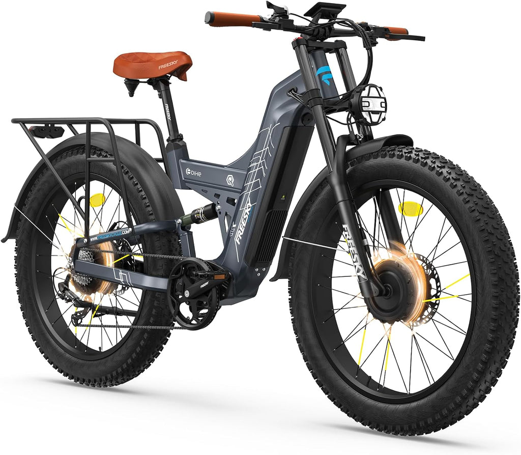 FREESKY 4000W Dual Motor Electric Bike for Adults, 48V 30AH LG Cells Battery 120Miles Range, 40MPH AWD Fast E-Bike, 26" Fat Tire Full Suspension Electric Mountain Bike, UL2849 Certified by TÜV