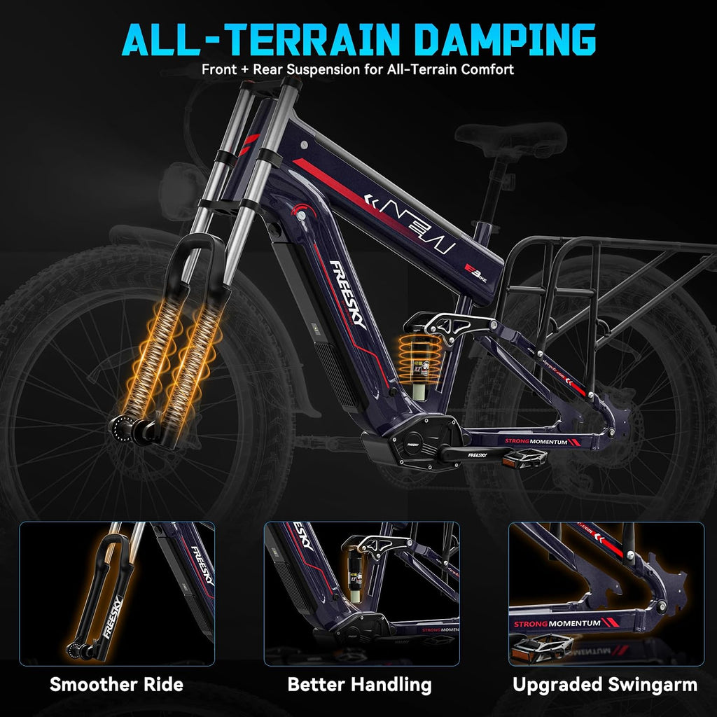 FREESKY Dual Battery Electric Bike for Adults, 48V 45AH 200 Miles Long Range E Bike, 4000W Motor 40MPH+, 26" Fat Tire Fast Mountain EBike, Full Suspension & Hydraulic Brakes, UL 2849 Certified by TÜV
