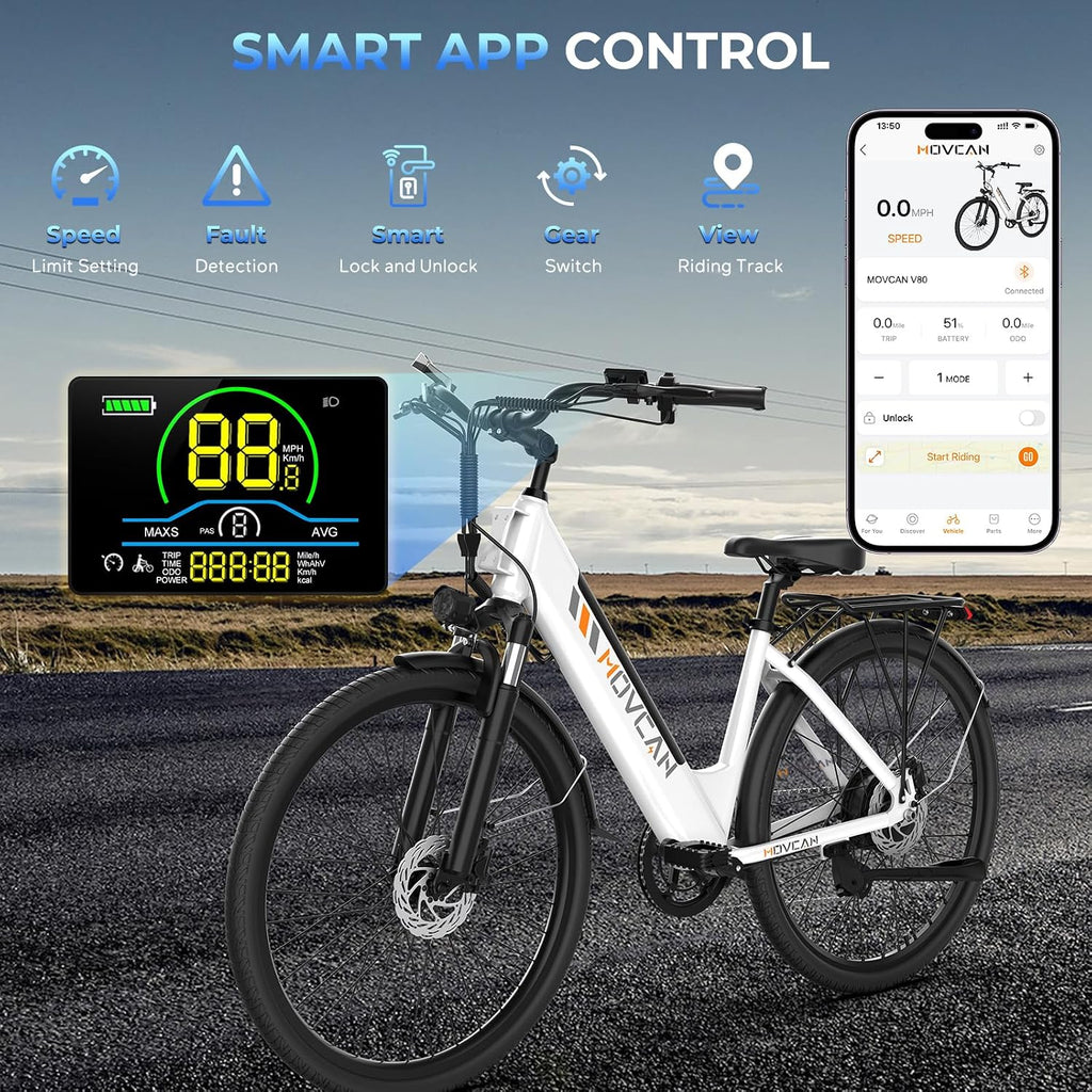 Movcan V80 Electric Bike for Adults - 1000W Motor -28MPH- 70 Mile Range | 26'' City Cruiser Ebike, 48V 13Ah Removable Battery, 7-Speed Dual Disc Brake, Mountain E-Bike for Commuting & Urban Adventure