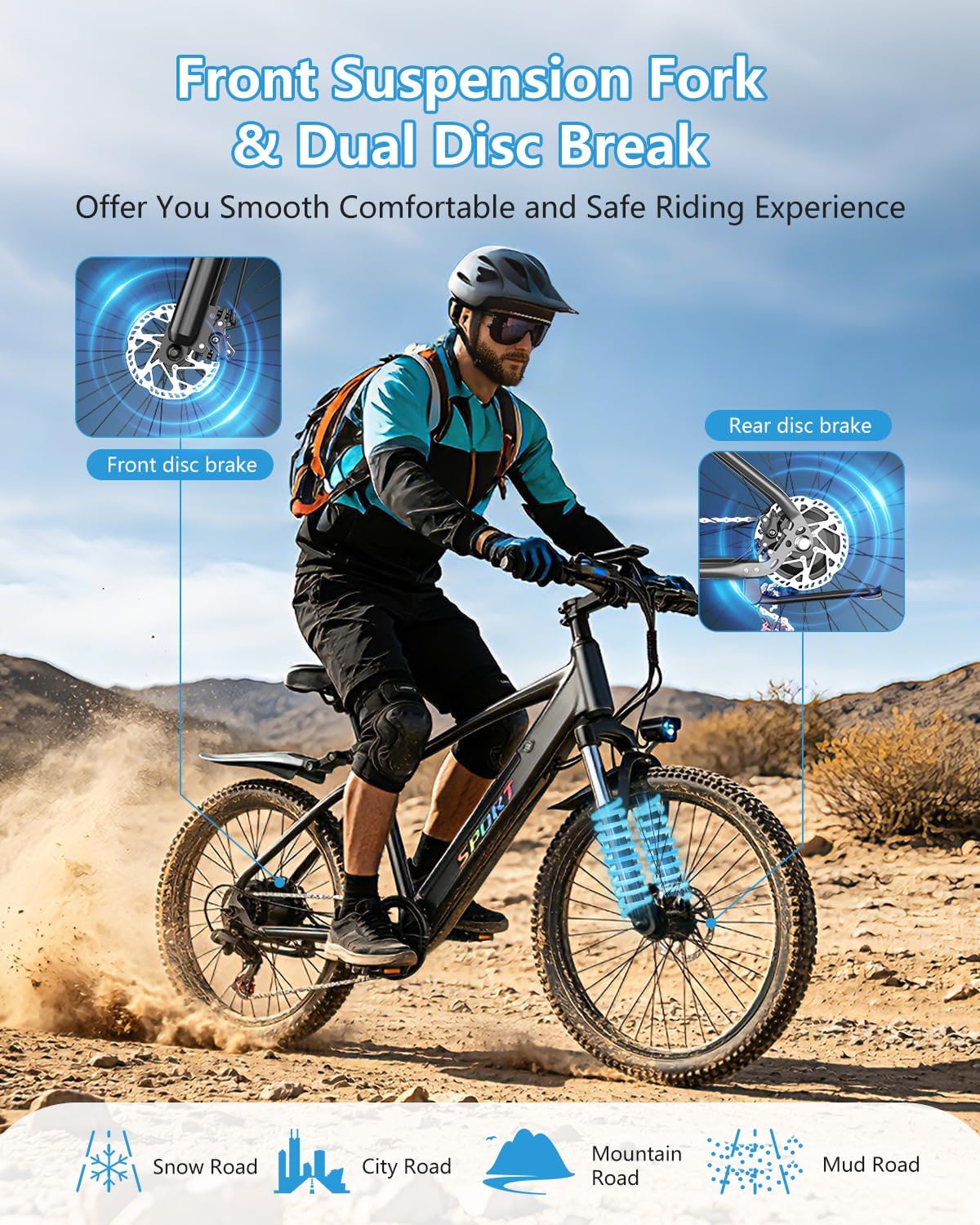 Electric Mountain Bike 26" with 48V 12Ah Battery, 1500W Peak Motor | Up to 25MPH Speed, 65 Miles Range, 7 Speed Gears, Removable Battery, City Commuter