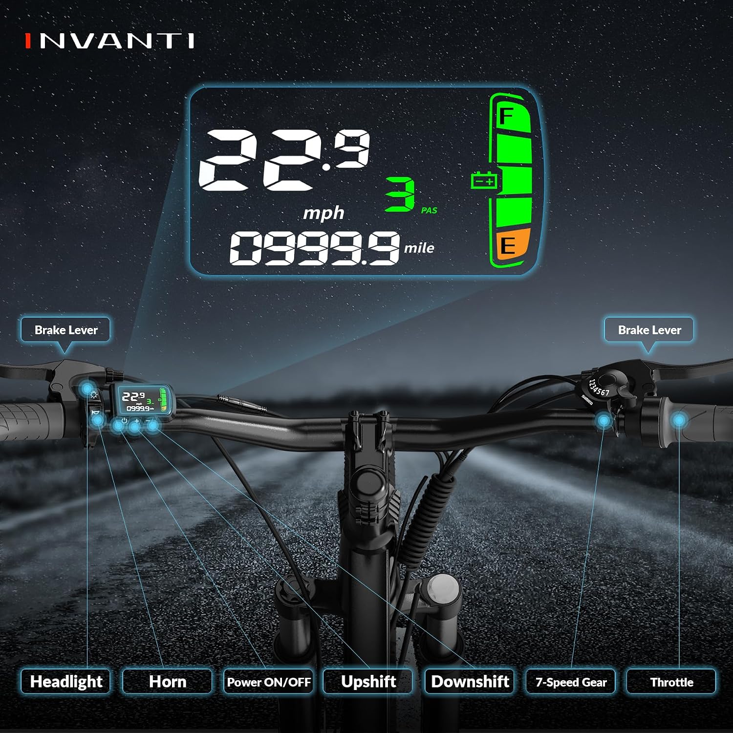 INVANTI Electric Bike for Adults, Peak 750W Motor & 10.4Ah Removable Battery, 20 MPH Commuting Electric Mountain Bike with 26" Tires, Front Fork Suspension, 7-Speed Gears and LCD Display