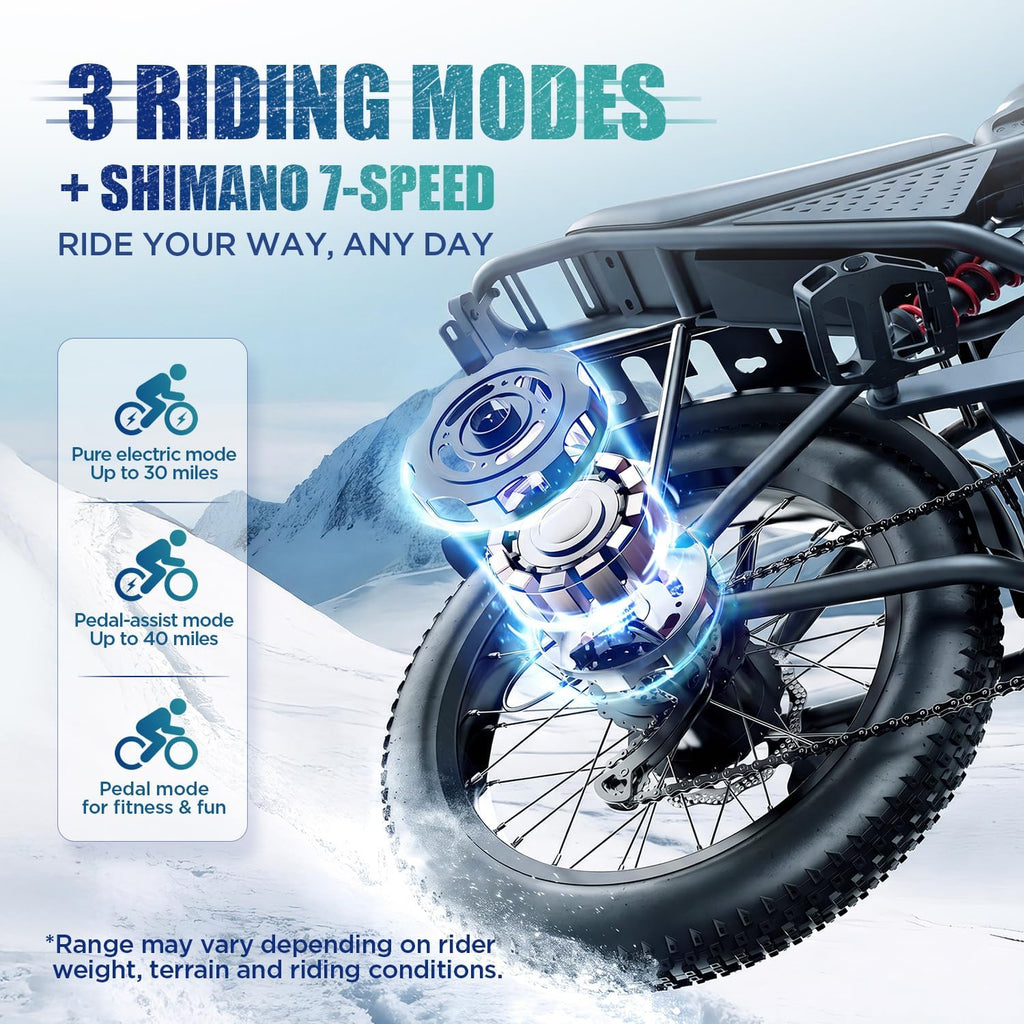 Electric Bike for Adults, 1000W/1500W Peak Motor, 48V 15Ah/20Ah Removable Battery, 20" x 4.0 Fat Tire Ebike, 30-34MPH, 7-Speed Gear, All Terrain Electric Bicycle for Commuting & Off-Road Riding