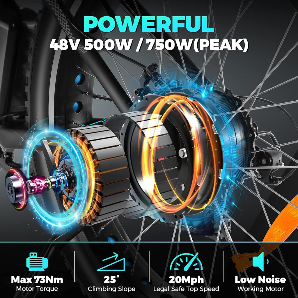 Electric Bike 26" Fat Tire Electric Bike for Adult, Peak 750W 48V 13Ah Removable Battery Electric Mountain Bike, Commuting Off Road Ebike 7 Speed & Front Suspension Fast Charge