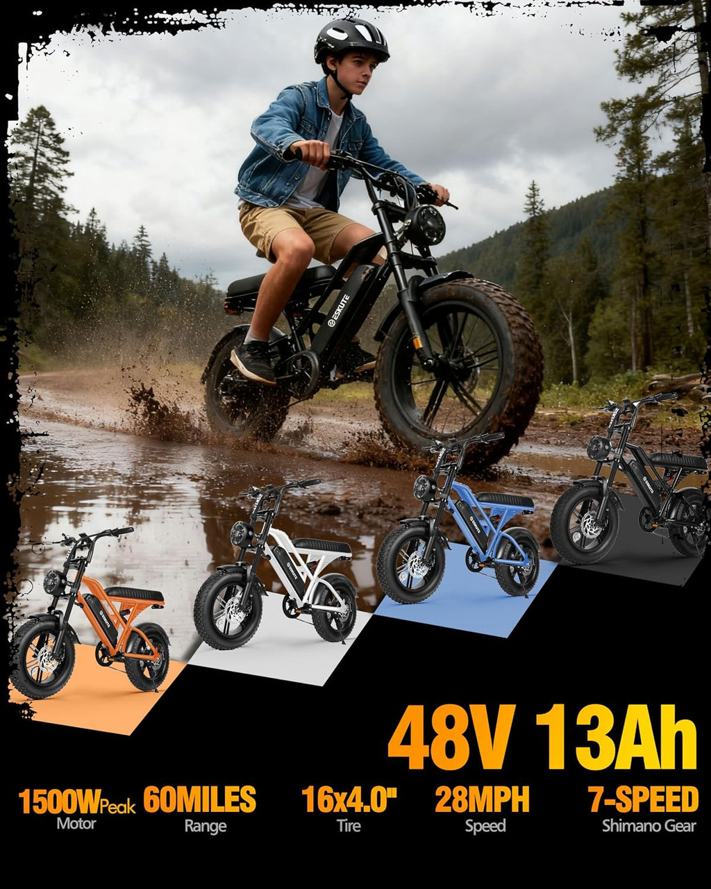 ESKUTE V100 Electric Bike for Adults, Electric Dirt Bike 1500W Peak Motor, All Terrain Dual Suspension E Bike 20+MPH Top Speed, Ebike Up to 60 Miles Range, 16" Fat Tire, 48V13Ah Battery, 7-Speed