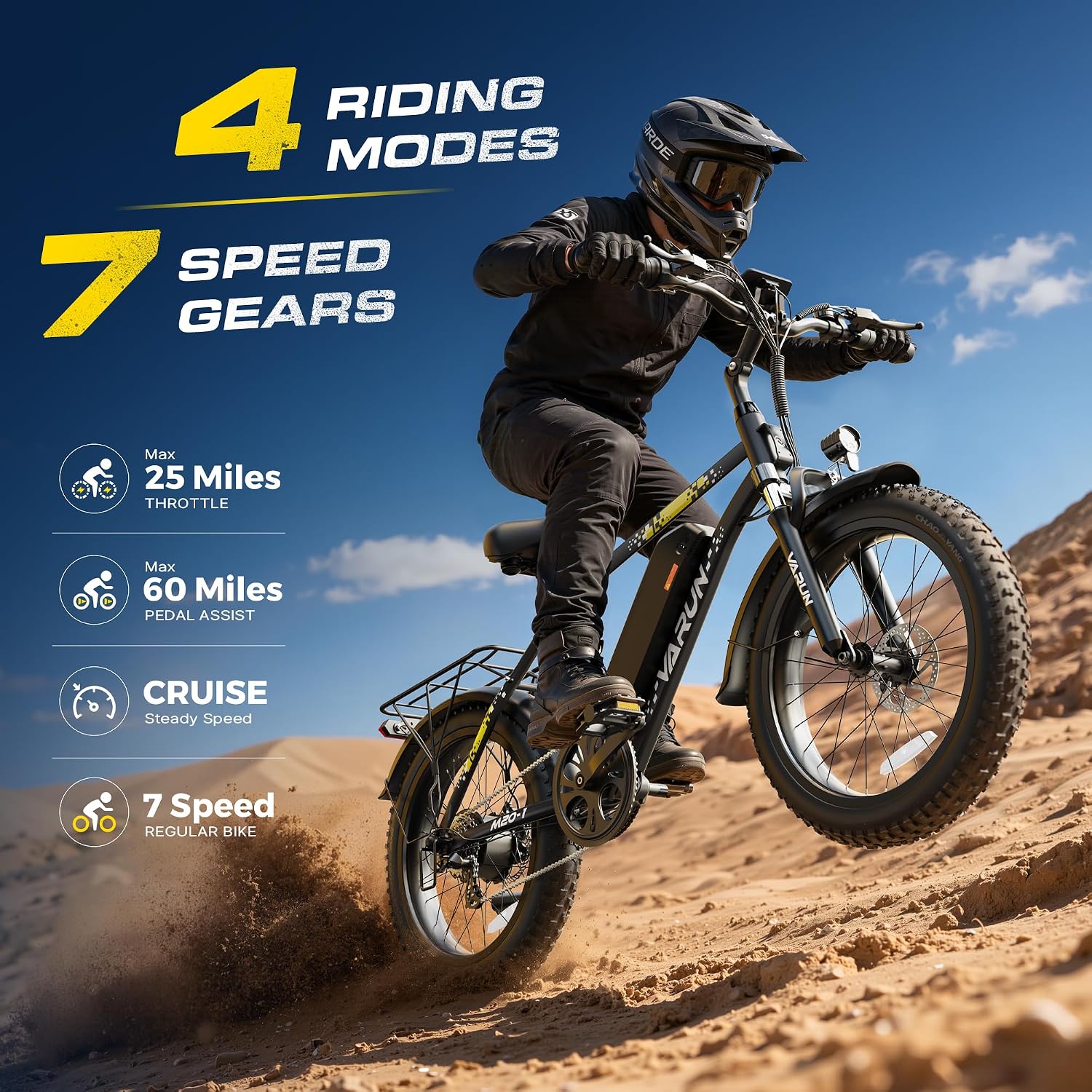 VARUN Electric Bike - 1000W Peak Motor 60 Miles Fat Tire Ebike with 48V 13Ah Removable Battery, 7-Speed, All Terrain 20" Cruiser Adults Electric Bike with Cargo