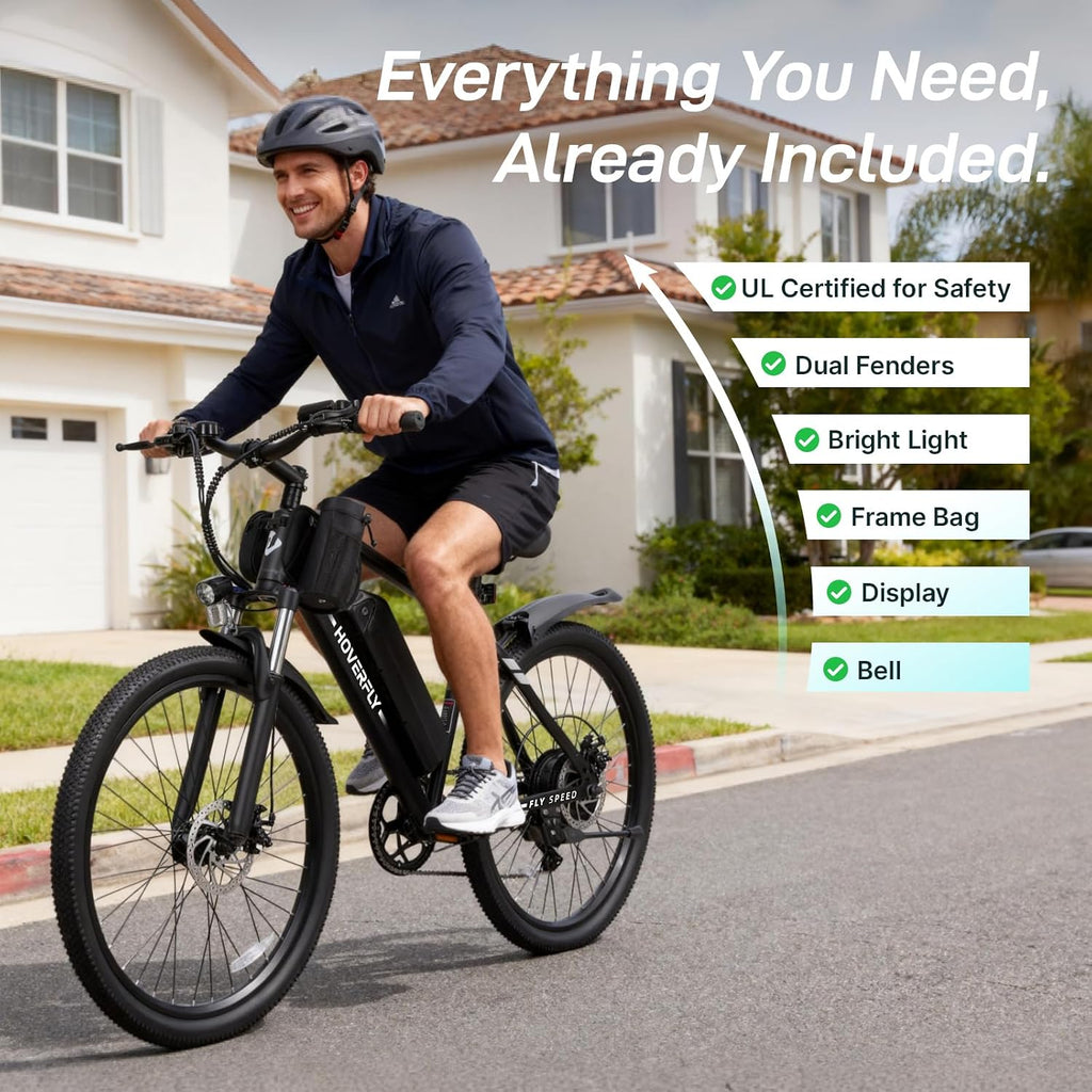 Hoverfly Electric Bike for Adults, 26"/16" Models, 750W/500W Peak Motor, Up to 20/15.5MPH, 48V/36V Removable Battery, Up to 40/28 Miles Range, UL2849 Certified, Electric Bike for Commute/Leisure/Trail