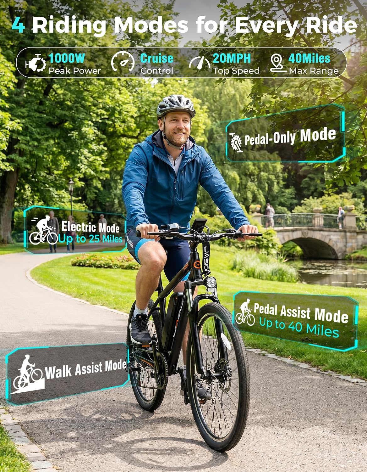 Jasion EB5 26" Electric Bike for Adults,1000W Peak Motor E Bike,Max 40Miles Mountain Ebike,Removable Battery Commuting Electric Bicycle with 7-Speed,Front Shock Suspension E-Bike