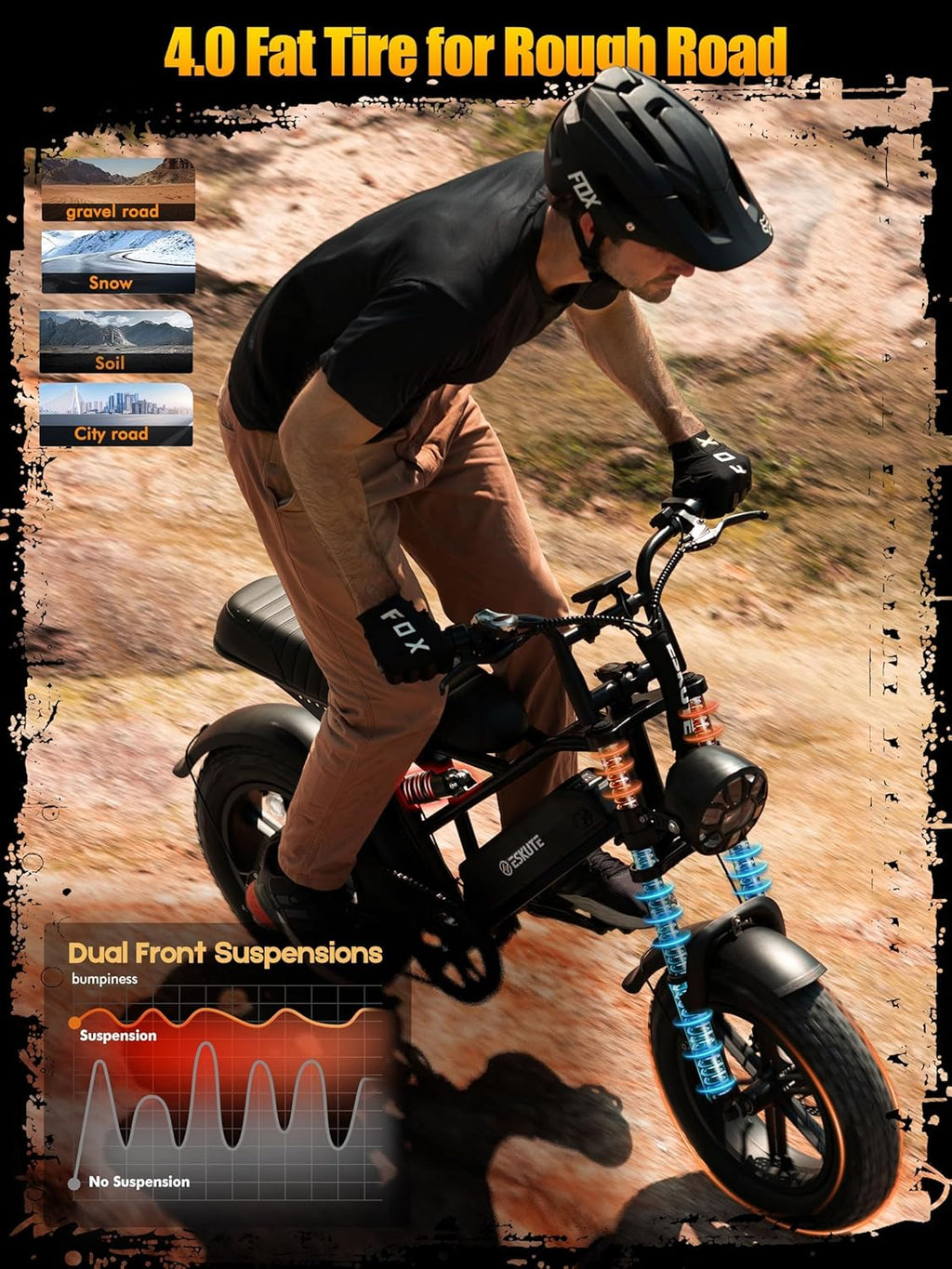 ESKUTE V100 Electric Bike for Adults, Electric Dirt Bike 1500W Peak Motor, All Terrain Dual Suspension E Bike 20+MPH Top Speed, Ebike Up to 60 Miles Range, 16" Fat Tire, 48V13Ah Battery, 7-Speed