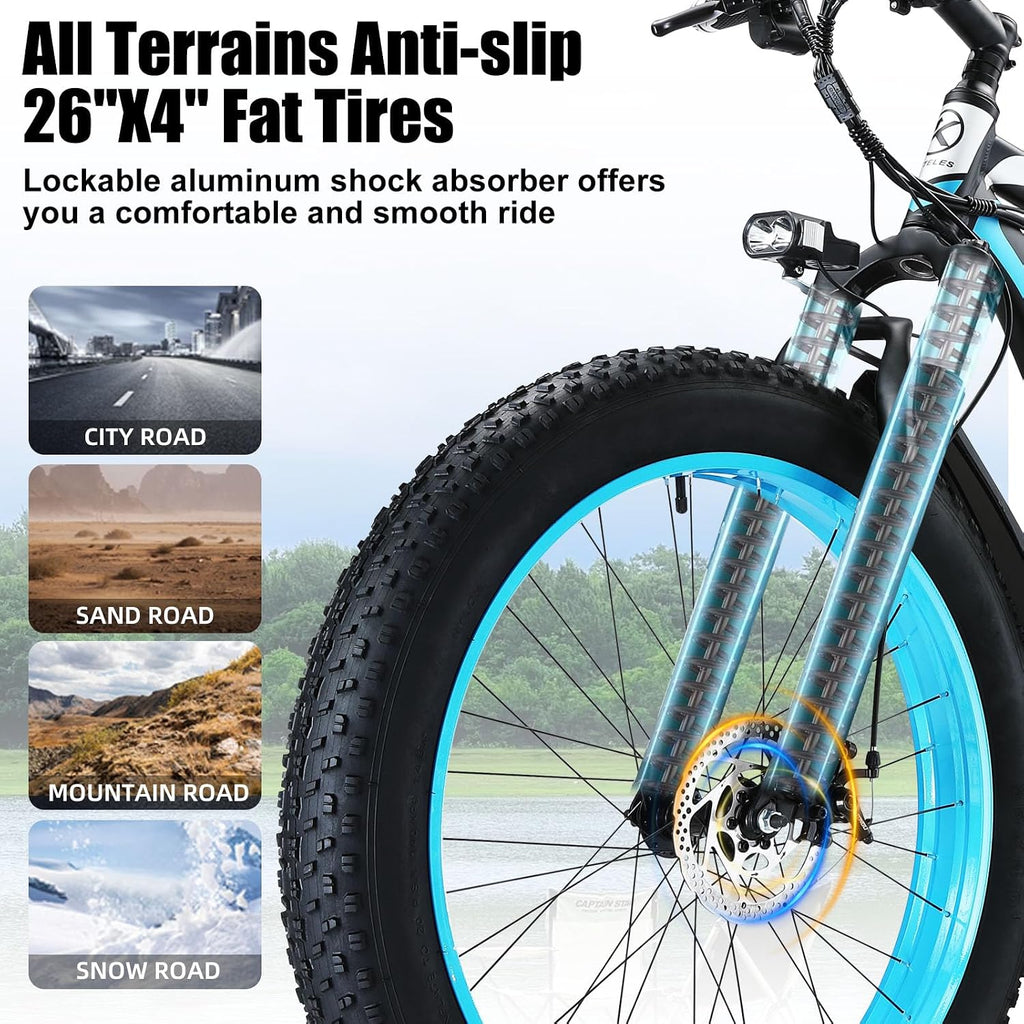 KETELES 26" Fat Tire Electric Bike for Adults 1000W Mountain Snow Beach Ebike 27MPH, 48V 15AH Removable Battery Electric Dirt E Bikes 21 Speed E-Bike Front Suspension UL Certified