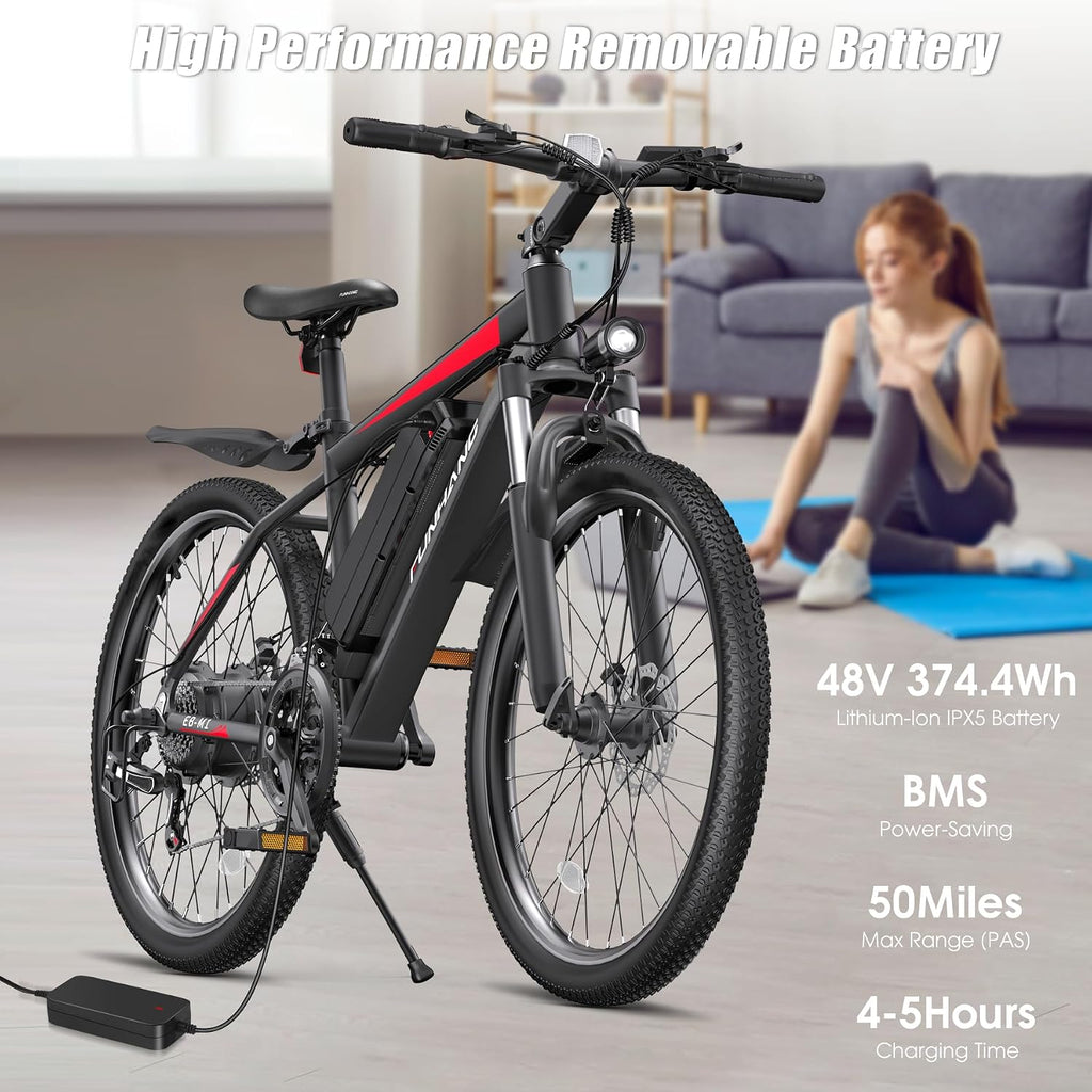 Funhang Electric Bike for Adults, 1000W Peak Ebike, 50Miles 20MPH Electric Mountain Bike, 26" Adult Electric Bicycle with 48V Removable Battery, Fenders,7 Speed, Front Suspension, UL 2849 Certified