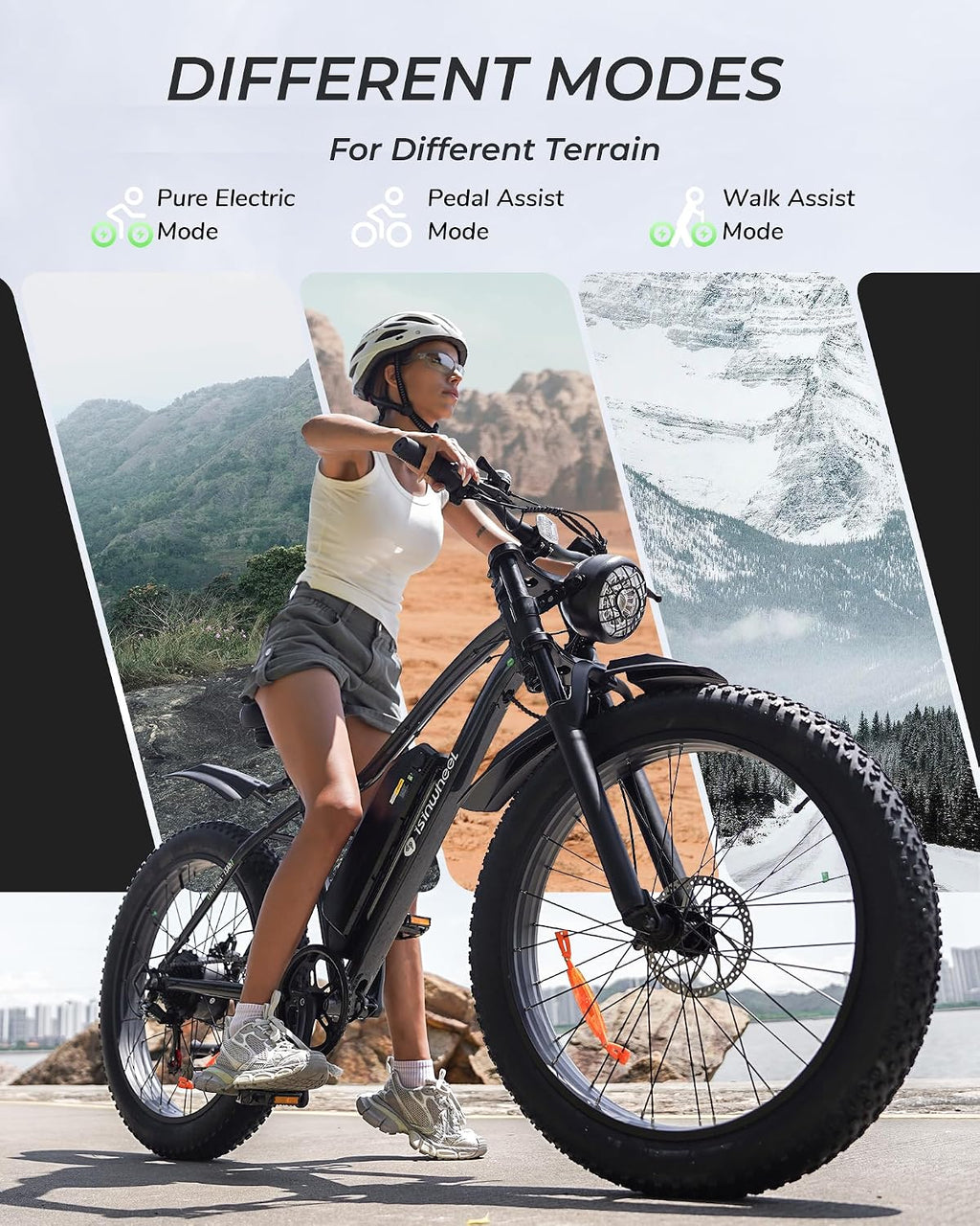 isinwheel M10 Plus Electric Mountain Bike for Adults, 26" x 4.0 Fat Tire Ebike with 48V 13Ah Removable Battery, 1000W Peak Motor Electric Bicycle, 70 Miles Range & 20 MPH +, 7-Speed for Snow