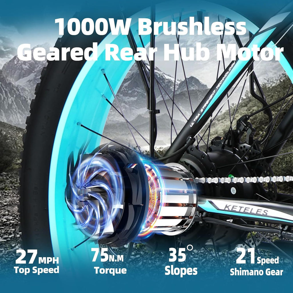 KETELES 26" Fat Tire Electric Bike for Adults 1000W Mountain Snow Beach Ebike 27MPH, 48V 15AH Removable Battery Electric Dirt E Bikes 21 Speed E-Bike Front Suspension UL Certified