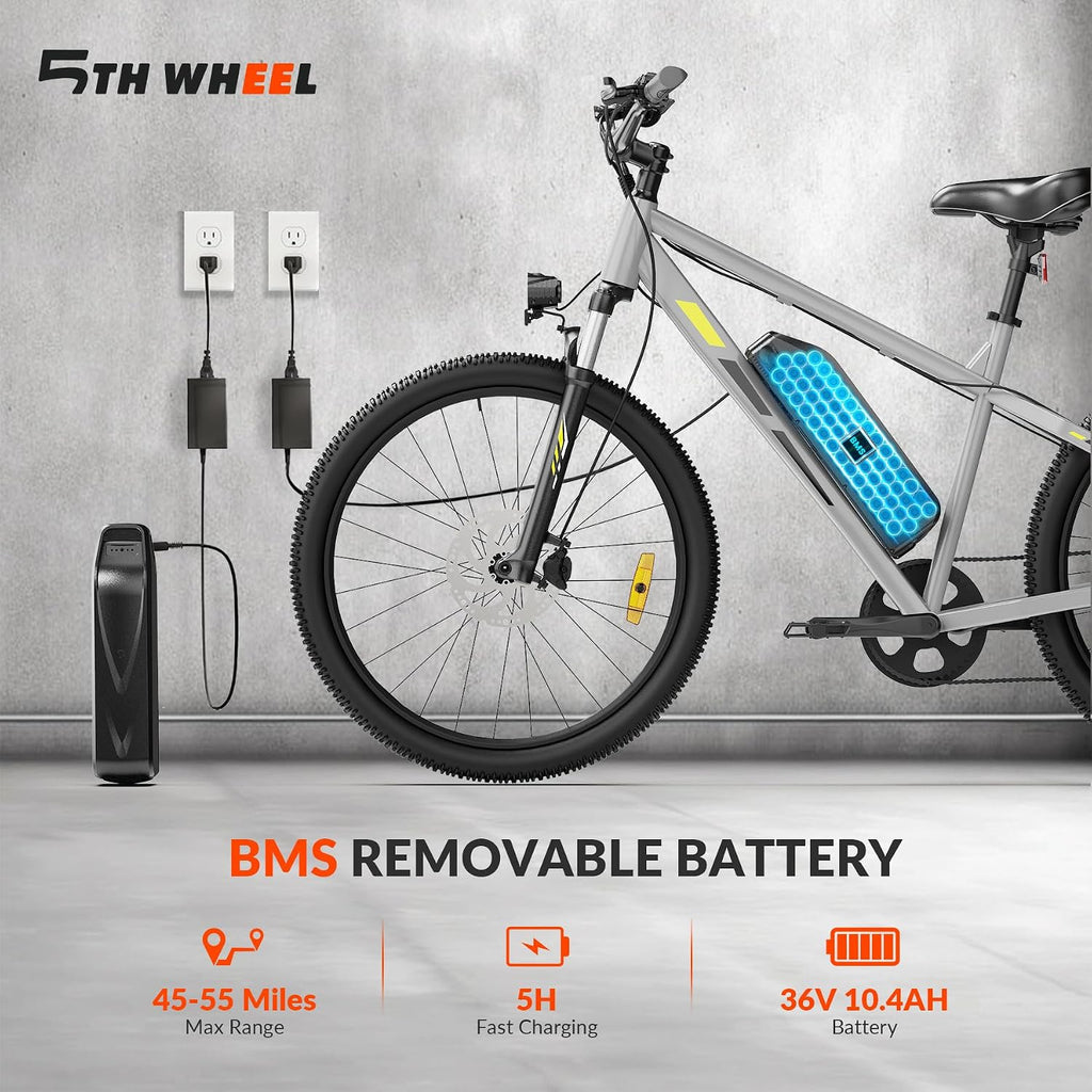 5TH WHEEL Electric Bike for Adults with 750W Peak Motor, 20MPH Speed & 55 Miles Range, Mountain E-Bike with Lockable Suspension Fork, LCD Display, 26" Commuting E Bike with Removable Battery&7 Gears ﻿