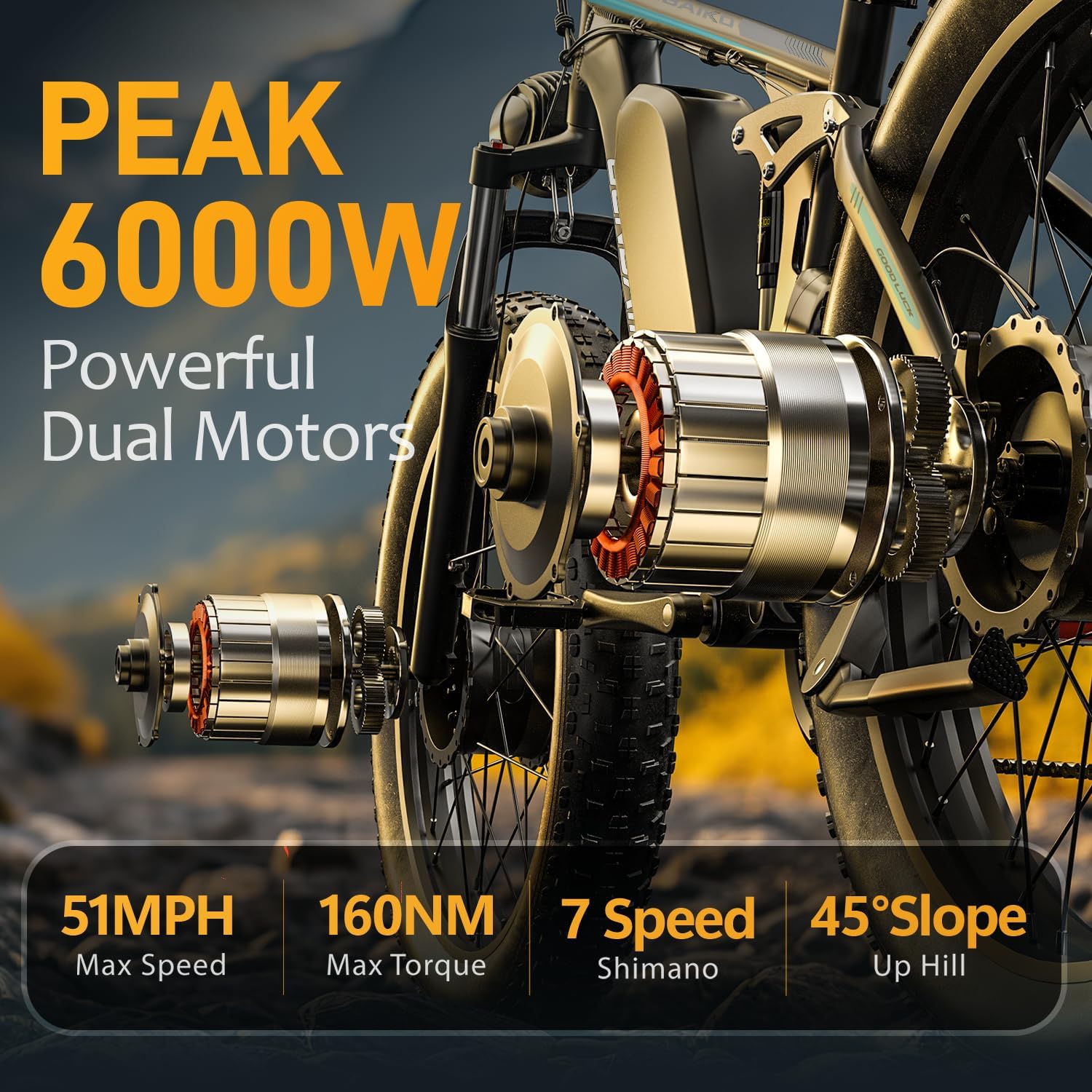 Electric Bike for Adults 51MPH 6000W Peak Dual Motor Fast Ebike 36Ah 52V Full Suspension 26" Fat Tire E Bikes for Men with Hydraulic Brake 130 Miles Electric Bicycle