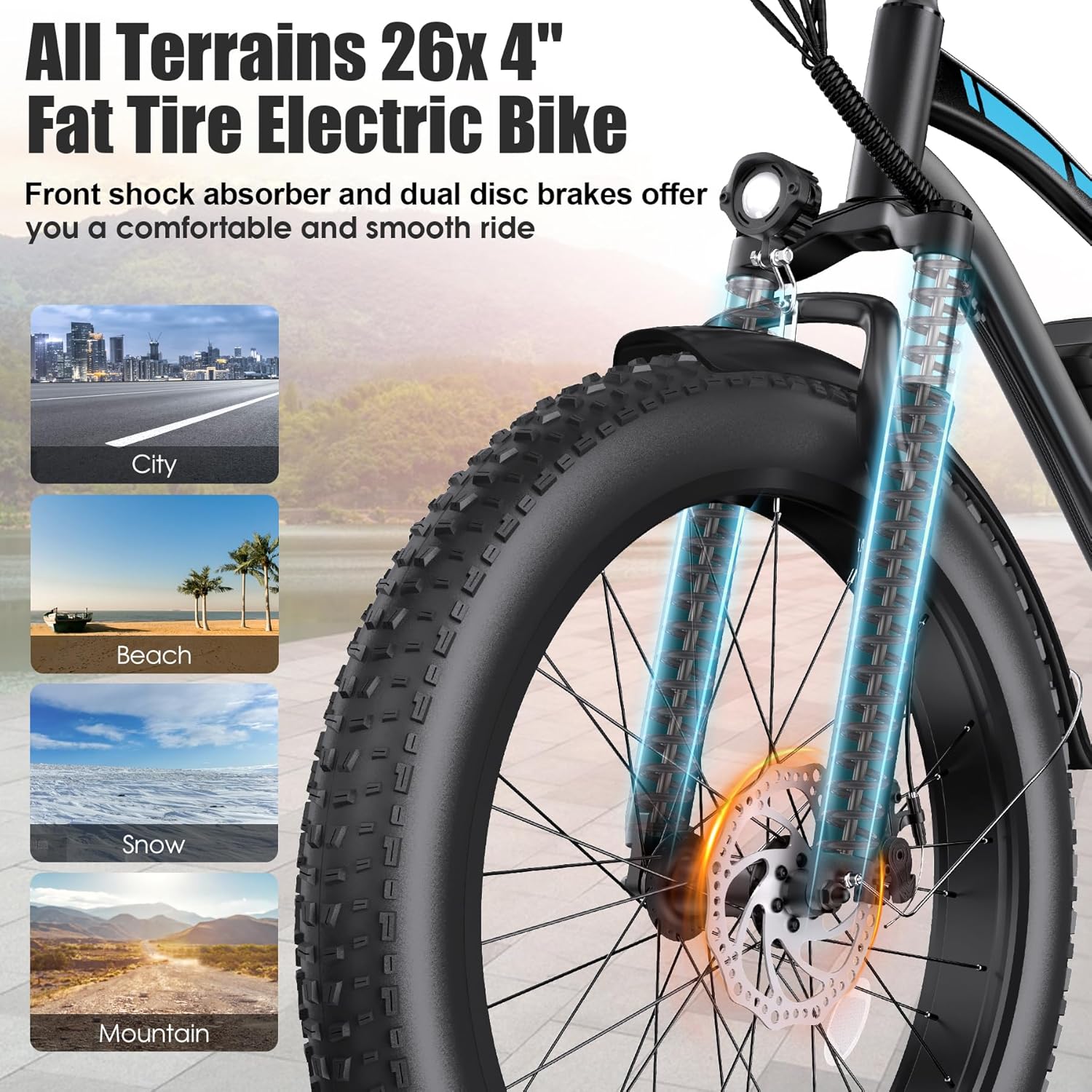 Electric Bike for Adults, 1000W Peak Ebike, 60Miles Electric Mountain Bike, 26" x 4'' Fat Tire Electric Bicycle with 48V 13AH Battery, Rear Rack, Fenders, Front Suspension, UL 2849 Certified