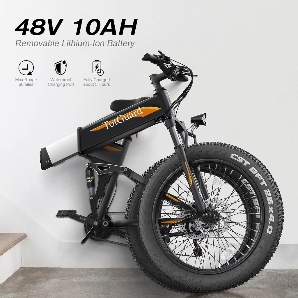 Wooken 26" x4.0 Fat Tire Electric Bike, Folding Electirc Bike for Mountain Commuter, Peak 750W Motor, Ebikes for Adults with 48V/10.4Ah Removable Battery, Suspension Fork, 21 Speed Ebike