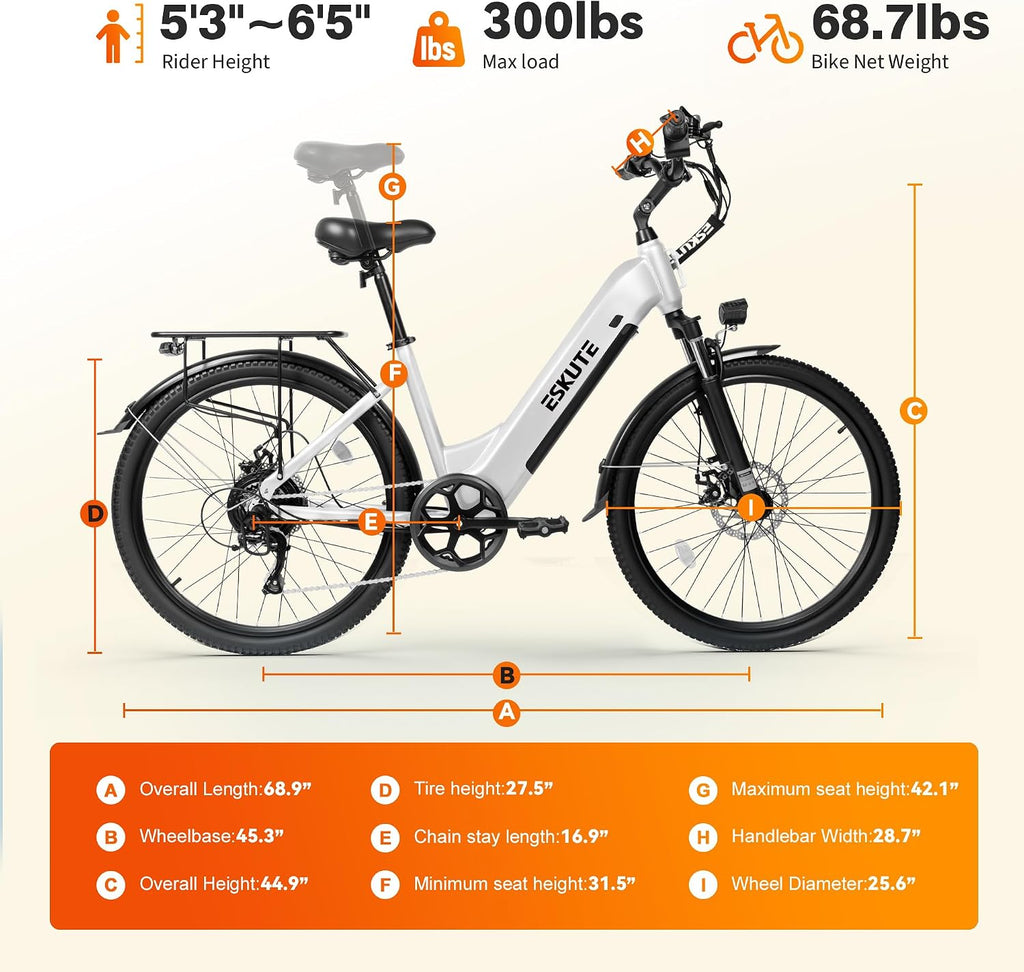ESKUTE Electric Bike for Adults-70Miles 840 WH Removable Battery e-Bike, 28MPH Step Thru Electric Bicycle, 1300w Peak Ebike, 7-Speed 26'' tire Adjustable Stem Electric Bike