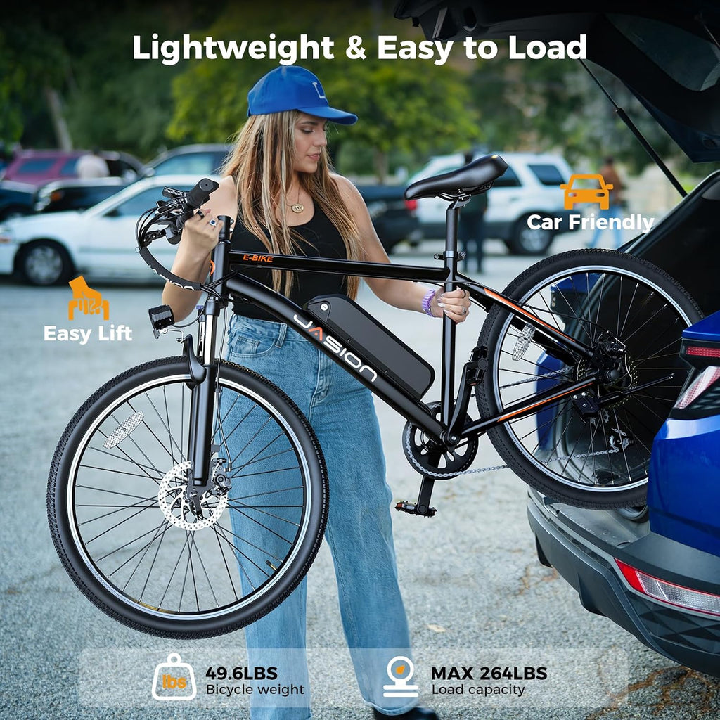 Jasion EB5 Electric Bike for Adults with Peak 1000W Brushless Motor | 40Miles 20MPH Commuting Electric Mountain Bike with 360Wh Removable Battery, 7-Speed, 26" Tires and Front Fork Suspension
