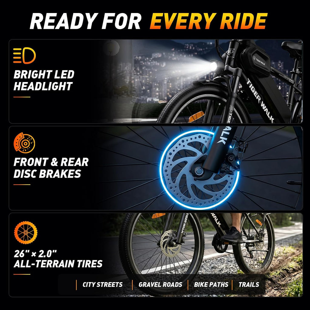 Electric Bike for Adults, 26" Mountain Ebike, 1000W Peak Motor, 48V 10Ah Removable Battery, 45-Mile PAS Range, 24.7 MPH, 7-Speed, 70mm Lockout Suspension Fork, Detachable Rear Rack