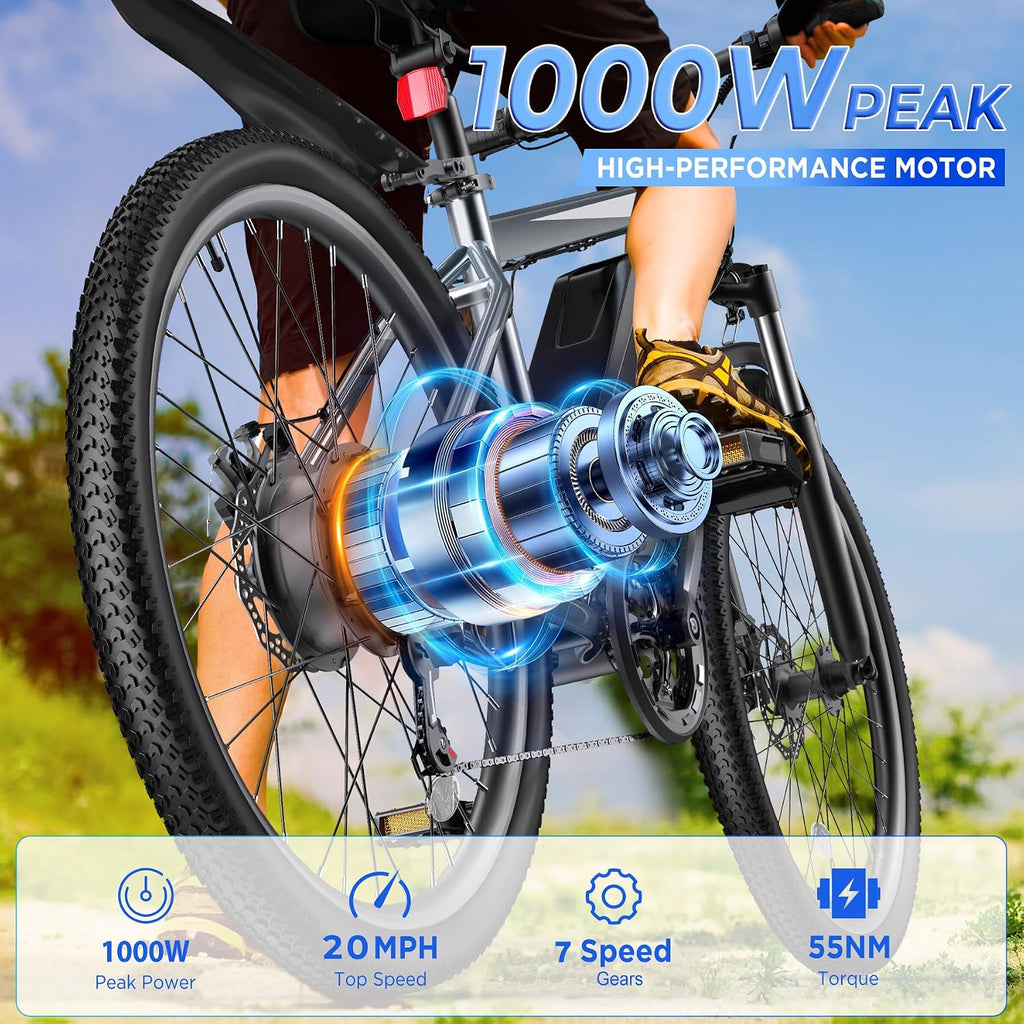 Electric Bike for Adults, 26" Ebike with 1000W Peak Motor, 20MPH 50Miles Electric Mountain Bike with 48V Removable Battery, 7-Speed, Front Suspension, LCD Display, UL 2849 Certified