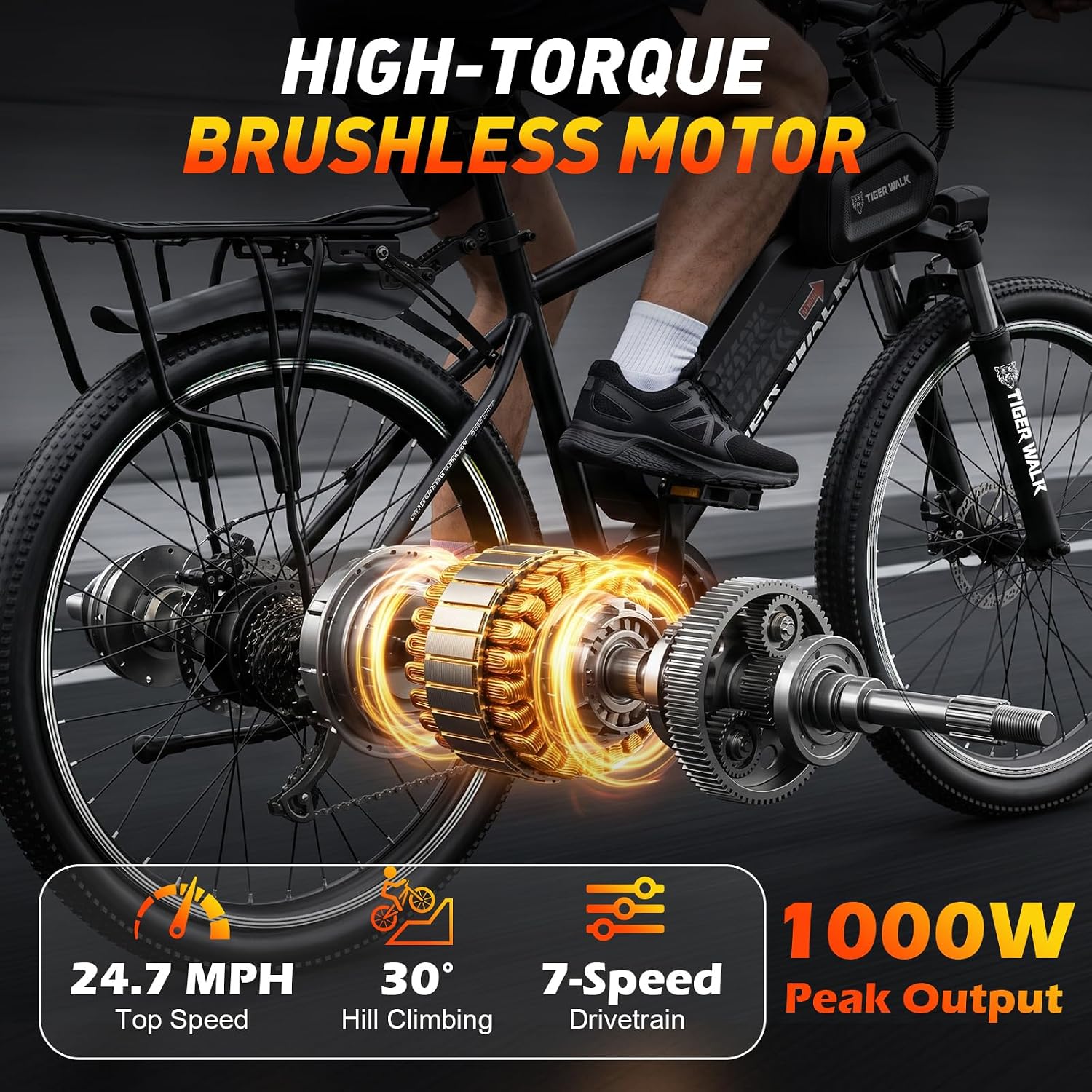 Electric Bike for Adults, 26" Mountain Ebike, 1000W Peak Motor, 48V 10Ah Removable Battery, 45-Mile PAS Range, 24.7 MPH, 7-Speed, 70mm Lockout Suspension Fork, Detachable Rear Rack