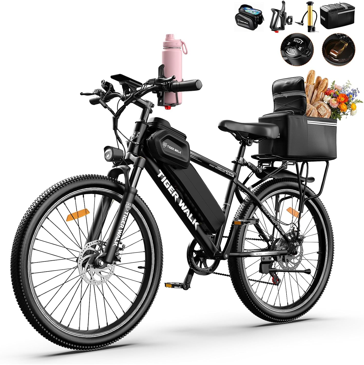 26" Electric Bike for Adults, Adjustable Lockout Suspension Fork, Adjustable Cup Holder, 1000W Peak Motor, 24.7 MPH, 48V 10Ah Removable Battery, Detachable Rear Rack, 7-Speed Commuter Ebike