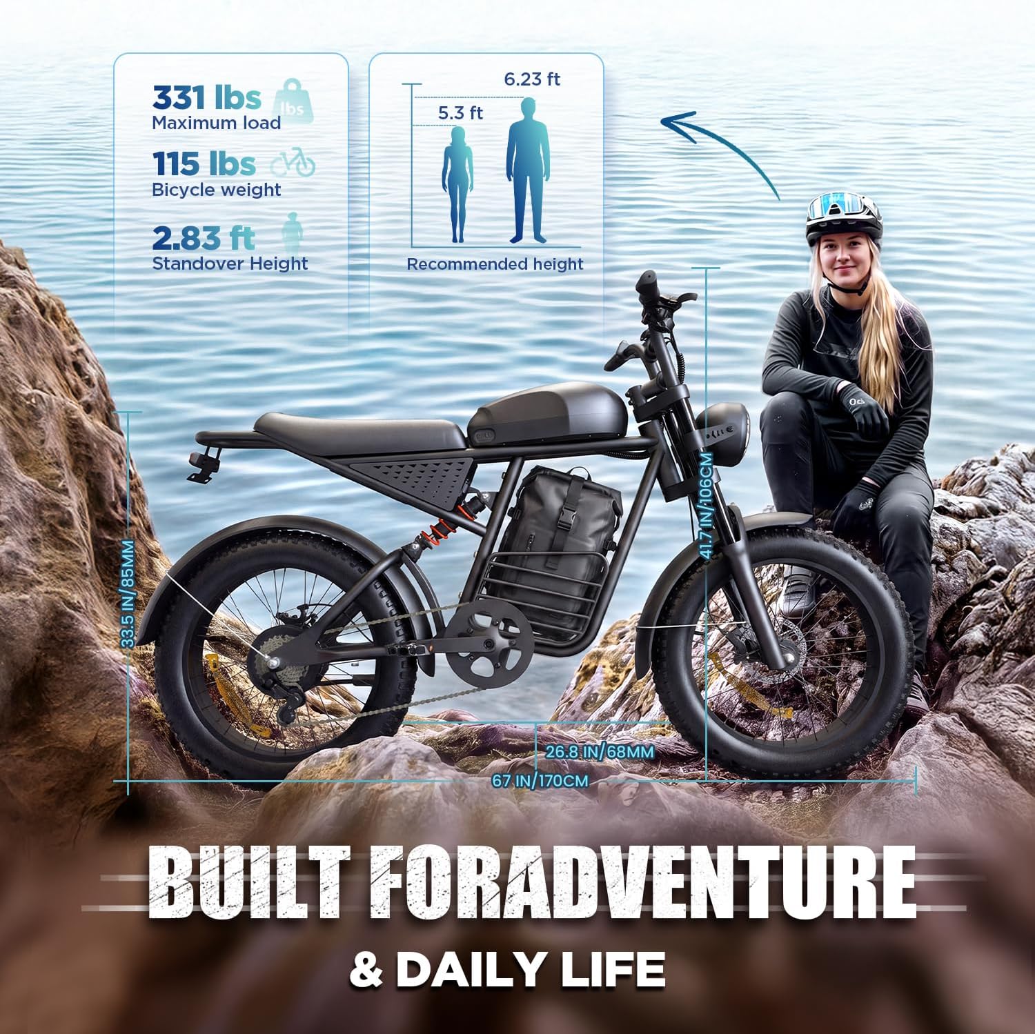 Electric Bike for Adults, 1000W/1500W Peak Motor, 48V 15Ah/20Ah Removable Battery, 20" x 4.0 Fat Tire Ebike, 30-34MPH, 7-Speed Gear, All Terrain Electric Bicycle for Commuting & Off-Road Riding