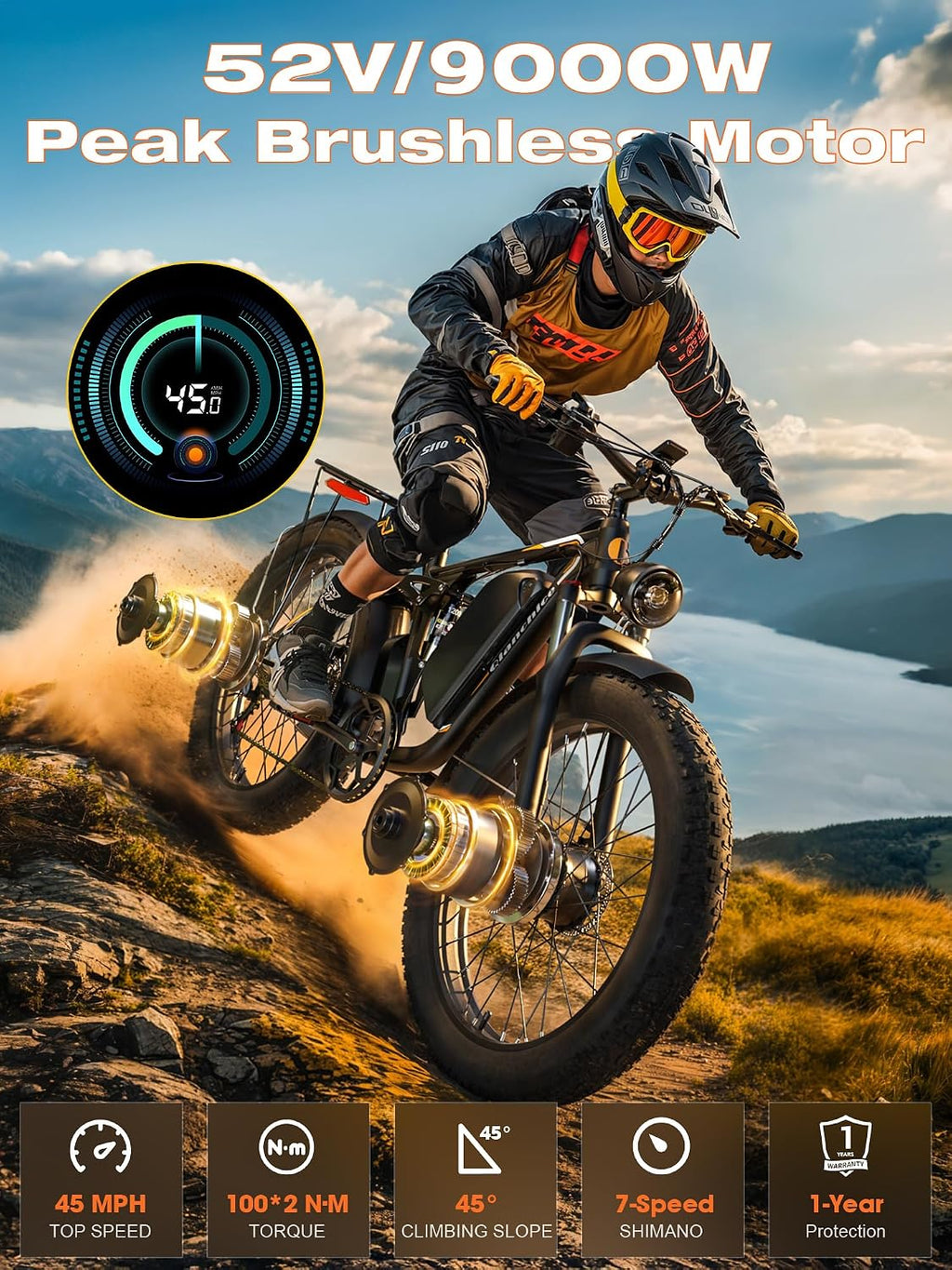 Qianchice Peak 9000W Dual Motor Electric Bike Long Range Ebike for Adults 40-45MPH 100 Miles, Fat Tire Electric Bike 24Inch, 52V36AH Commuter Electric Bicycles Ebike for Men Women