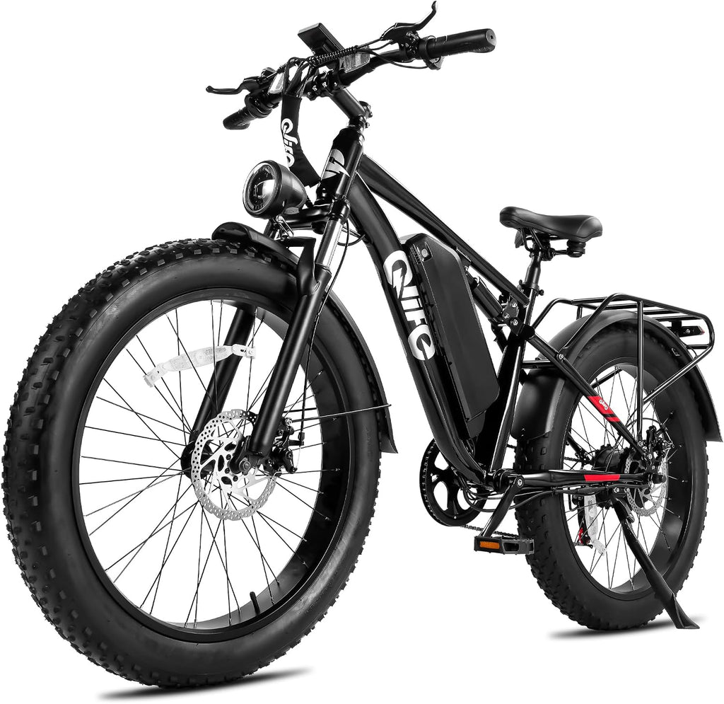 Qlife Racer Plus Adult Electric Bicycle, Peak 1500W/1800W, Up to 20+MPH, 65Miles Long Range, 26" Fat Tire Electric Mountain Bike with 48V 13AH/20AH Battery, 7 Speed Full Suspension