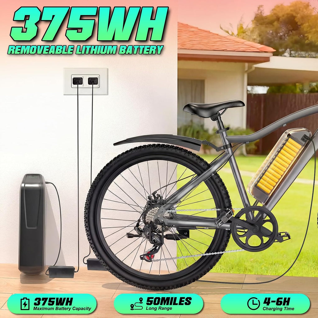 Electric Bike for Adults, 26" Commuter Ebikes with 7-Speed Gears, 25MPH Lightweight E Bike, 720W Peak Motor, 375Wh Removable Battery, 50 Miles Range, Electric Mountain Bicycle for All Terrain (White)